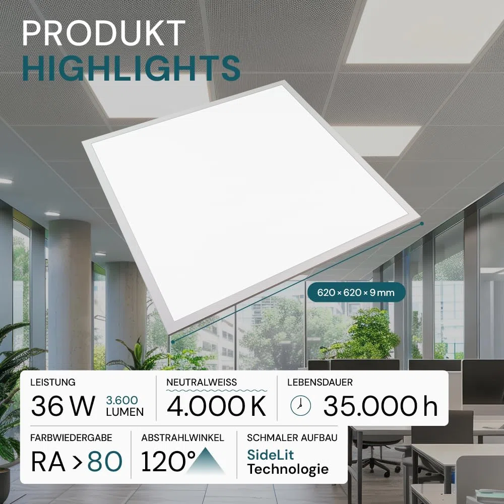 LED Panel 62x62cm 3600lm 4000K 36W Rasterleuchte Einlegeleuchte Büroleuchte inkl. Trafo 6 Stück