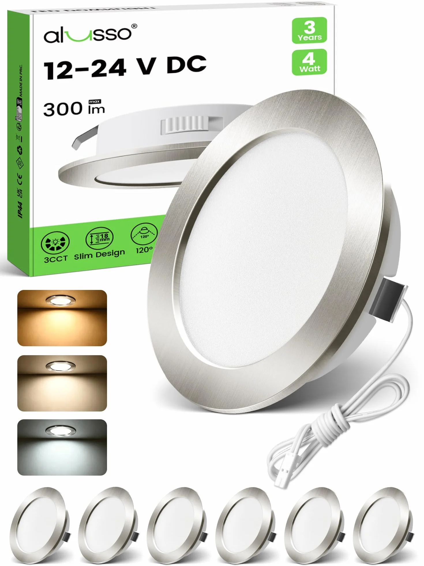 ALUSSO 6er Set 12V LED Einbaustrahler Decke 4W Möbel Einbaustrahler 3000K Warmweiß 4000K Neutralweiß 6000K Kaltweiß, Einbaustrahler LED Flach Bohrloch 55-58mm und 14.5mm Flache, IP44 Wasserdicht