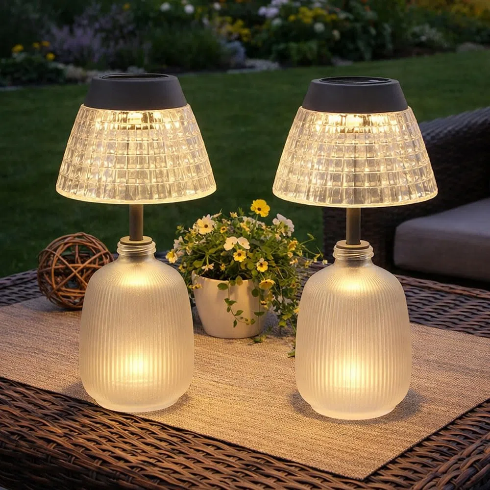 Solarlampe Tischleuchte Außenlampe klar Akku Glas LED Gartenlampe Balkonlampe, Acryl, Glas, LED 3000K warmweiß, DxH 13,5x27 cm, 2er Set