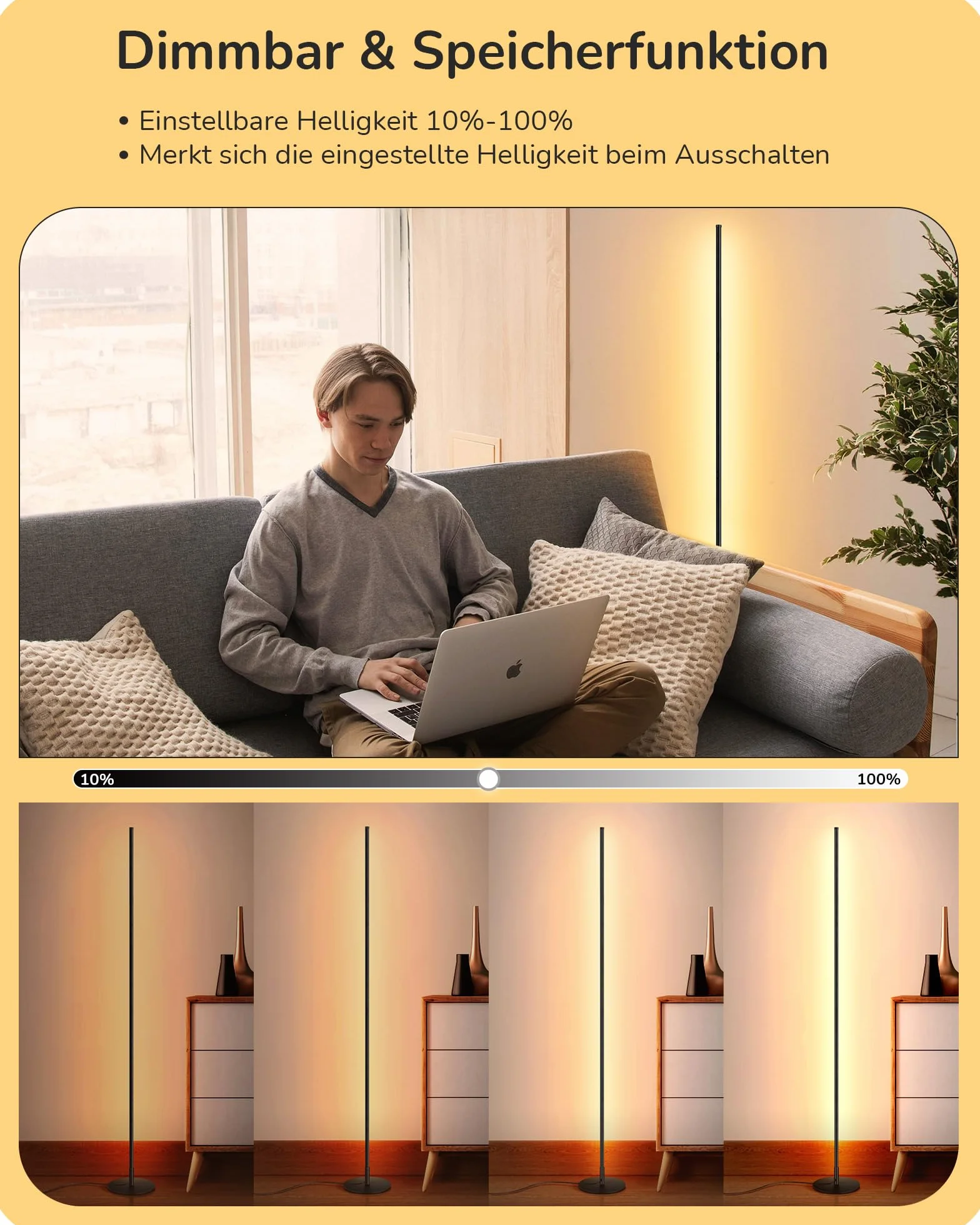 EDISHINE Stehlampe Wohnzimmer, LED Stehlampe Dimmbar, 3000K warmweiße Stehleuchte mit Memory-Funktion, höhenverstellbar 146 cm, moderne Standleuchte für Schlafzimmer und Büro, Schwarz