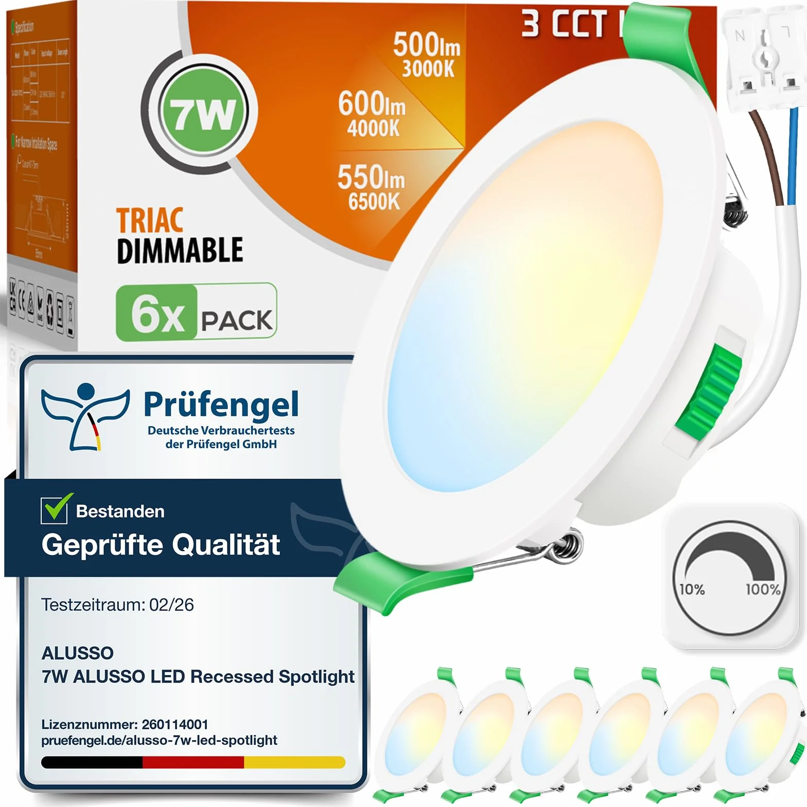 ALUSSO LED Einbaustrahler 230V Dimmbar 68mm 7W Ultra Flach IP44 LED Spots Warmweiß Neutralweiß Kaltweiß Deckenspots für Badezimmer Küche Wohnzimmer, Weiss, 6er Set