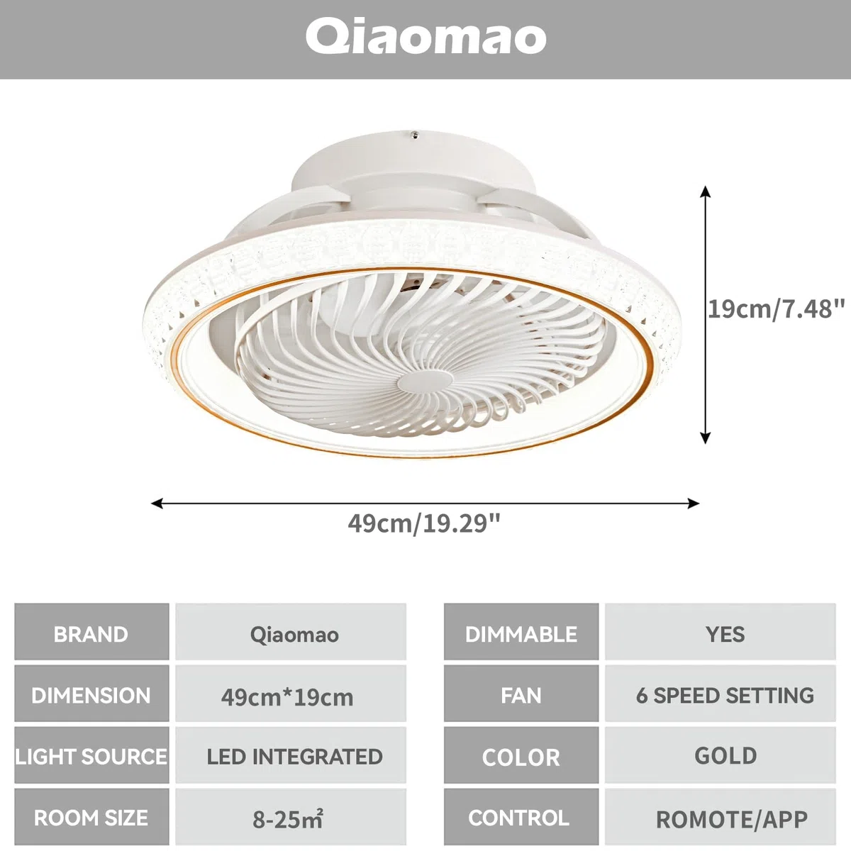 LED Deckenleuchte mit Ventilator, 72W Dimmbar Timer, Fernbedienung, 360° Drehung, Gold 49cm