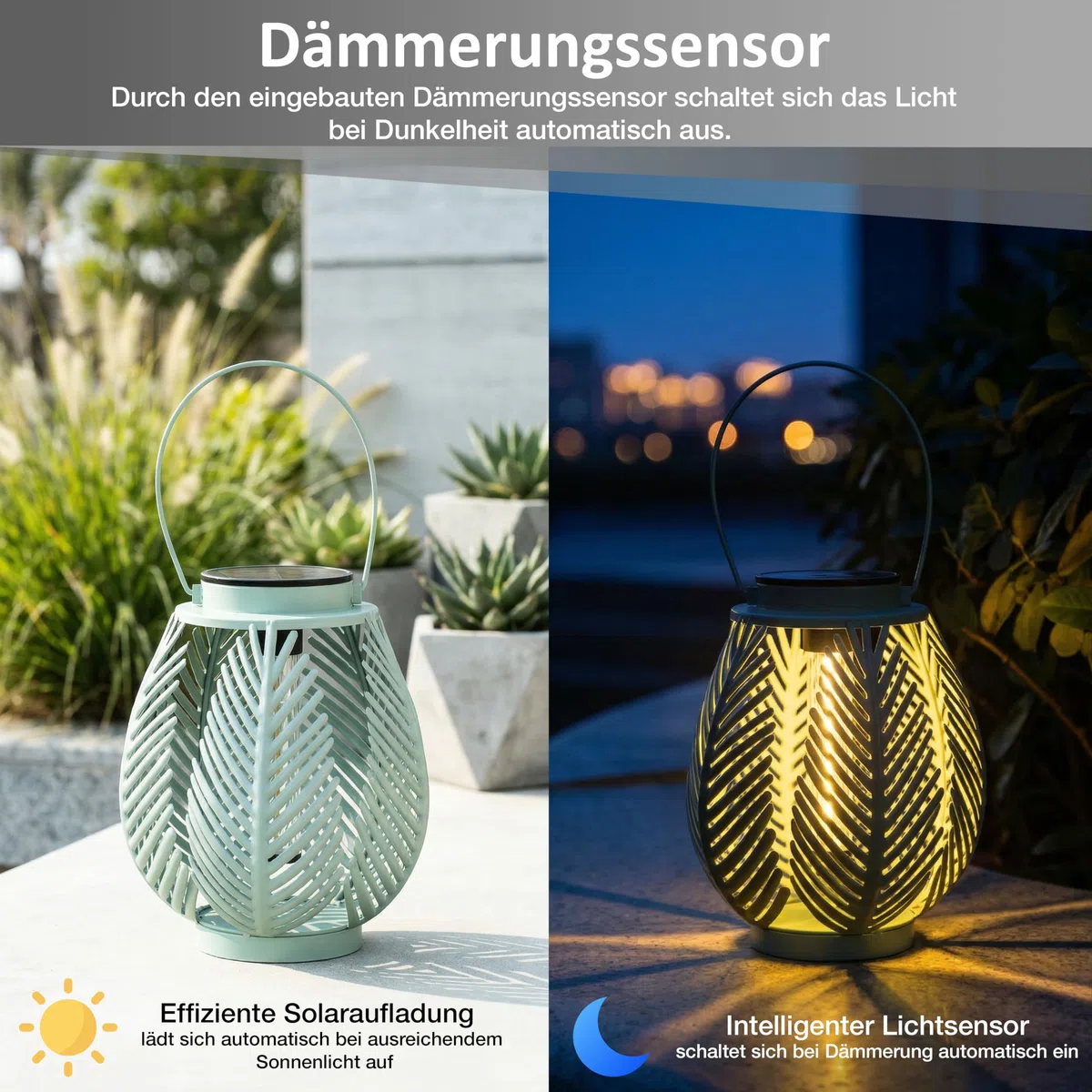 LED Solar Laterne Outdoor – Gartenleuchte mit COB LED Dämmerungssensor Metallgehäuse warmweiß Boho Gartenlampe (Farn-Blätter)