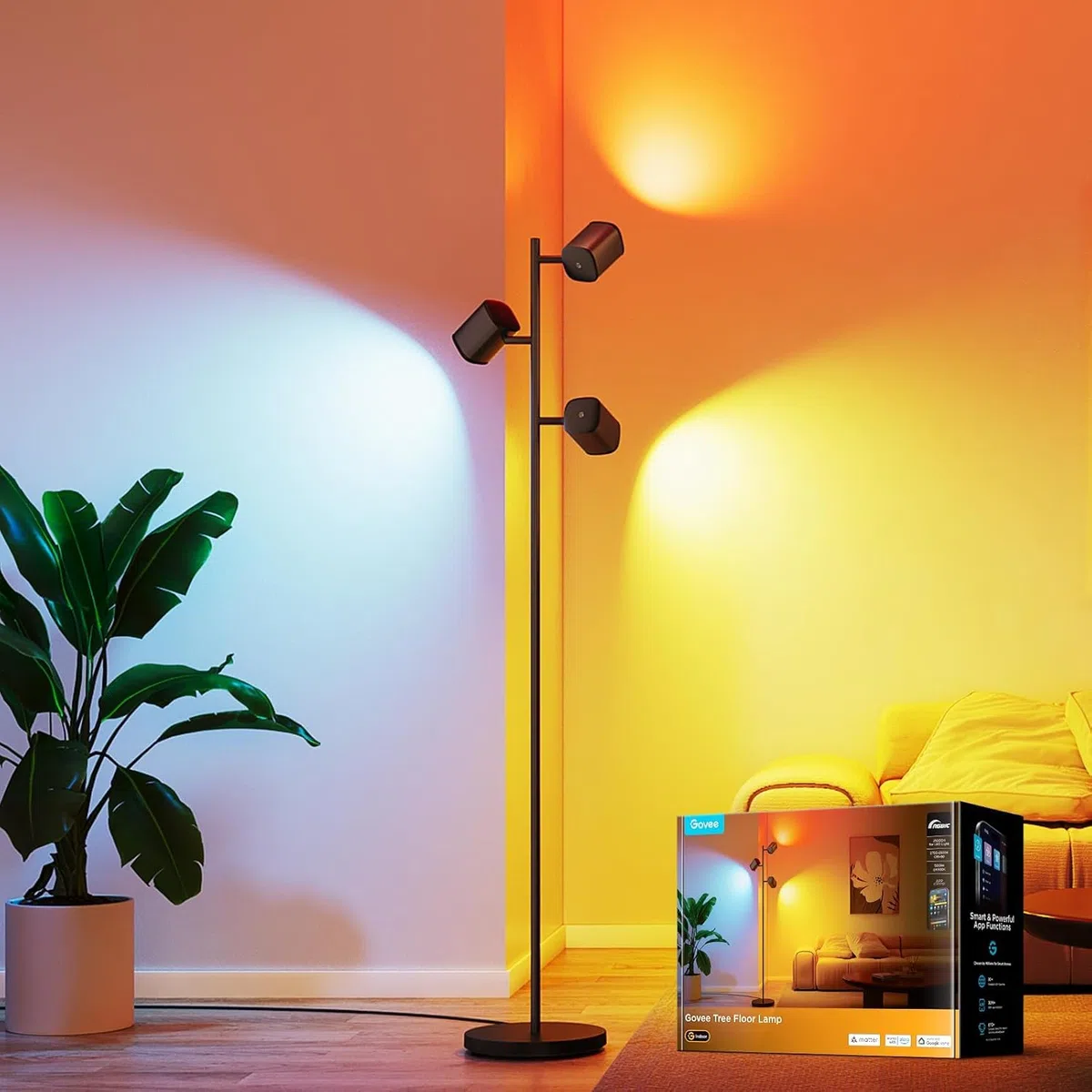 Govee 3-Flammen LED Stehlampe, RGBWW Fokus-Verstellbar, 1500lm, Matter Alexa Kompatibel, 64+ Szenen, Musik Sync, 157cm, Schwarz