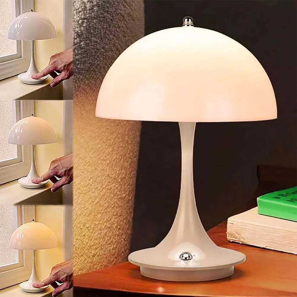 Pilz Tischlampe Kabellos mit Touch Dimmbare,LED Mushroom Lamp Akku Tischleuchte Aufladbar 3000K-6000K Nachttischlampe Weiß Acryl schirm Leselampe Tragbare modern Schreibtisch Lampe,Weiß