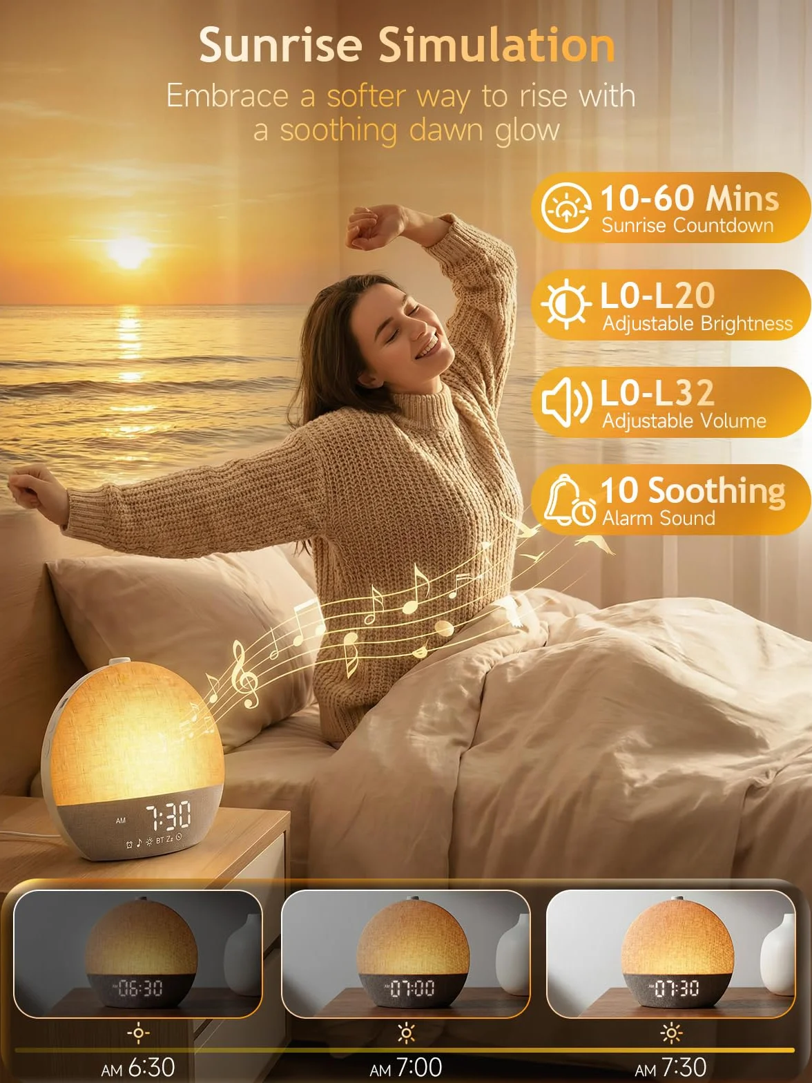 Tageslichtwecker Lichtwecker Sonnenaufgang Wecker mit Wake Up Light|Weißes Rauschen,Wecker mit 30 Beruhigende Klänge & Schlaf timer,Dimmbare 17 RGB Nachtlicht 20 Helligkeitsstufen für Frauen Männer
