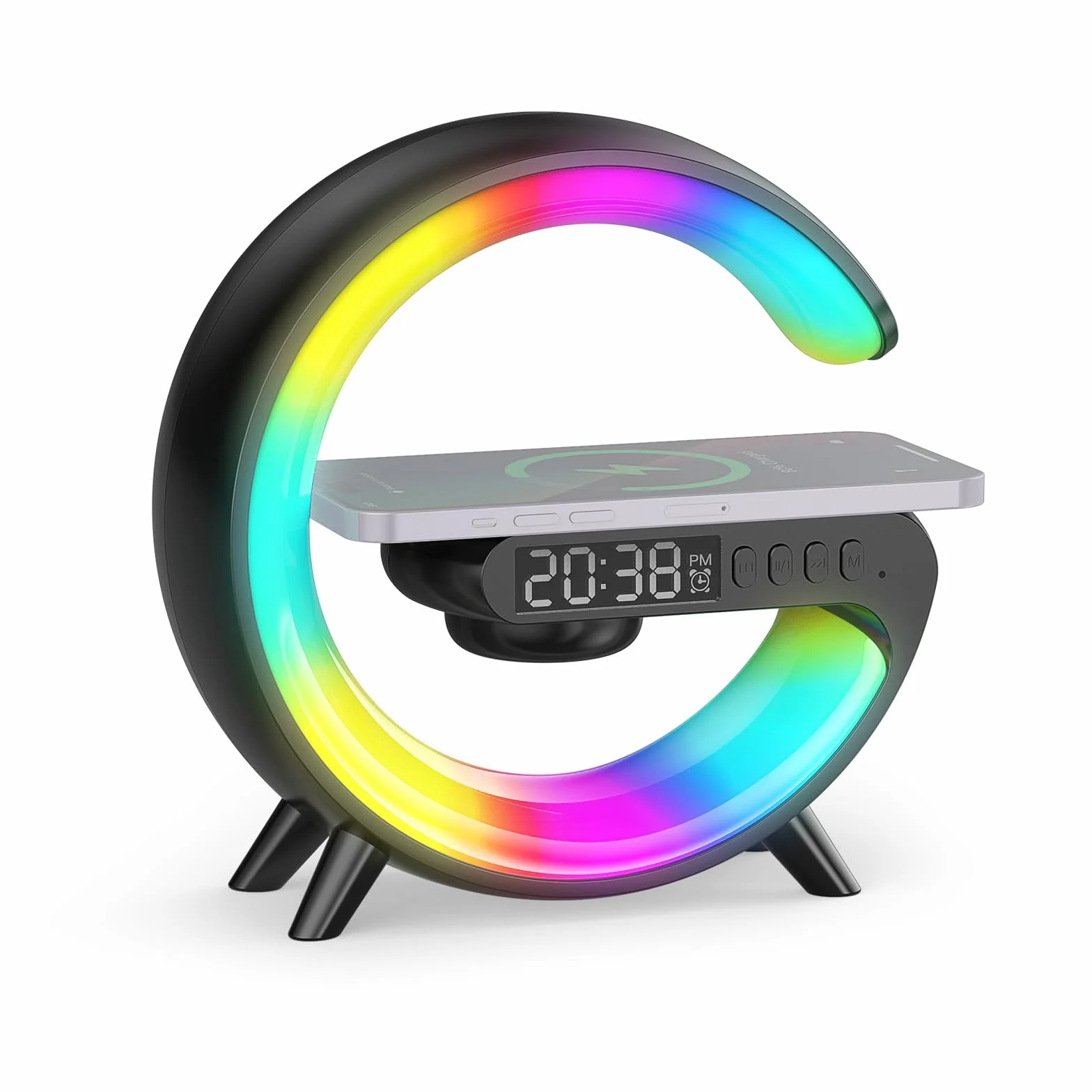 Smiling Shark Lichtwecker, Intelligente Wecker Licht Atmosphärenlicht 10 Modus mit Kabelloses Ladegerät und Bluetooth Lautsprecher Taste Steuerung Sonnenaufgang Licht Wecker für Wohnzimmer