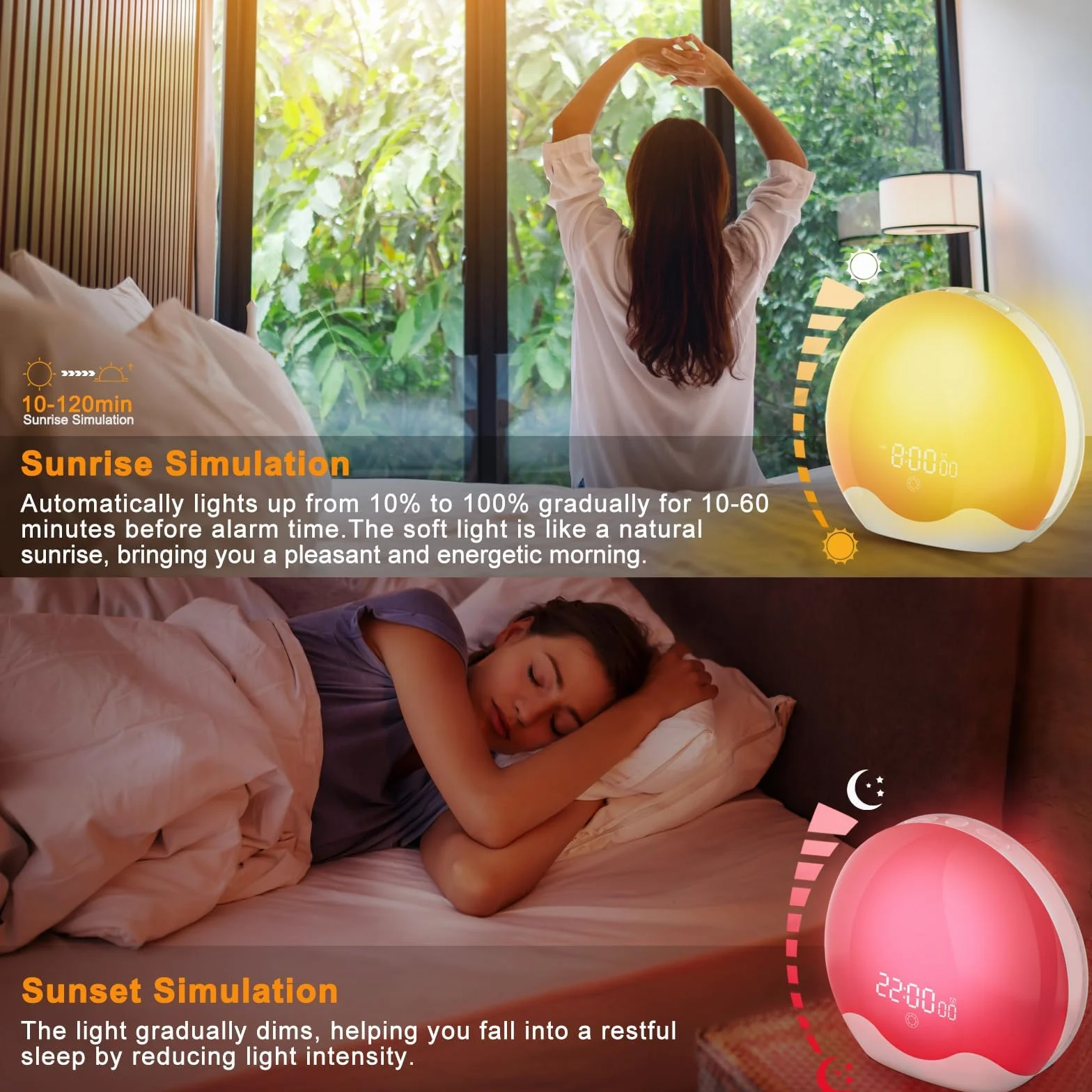 Lichtwecker,Tageslichtwecker Wake up Light Sonnenaufgang Sonnenuntergang Simulation Wecker UKW-Radio 5 Naturgeräusche 2 Alarmen Snooze 12 Farblicht 20 Helligkeit Nachttischlampe für Kinder Erwachsene