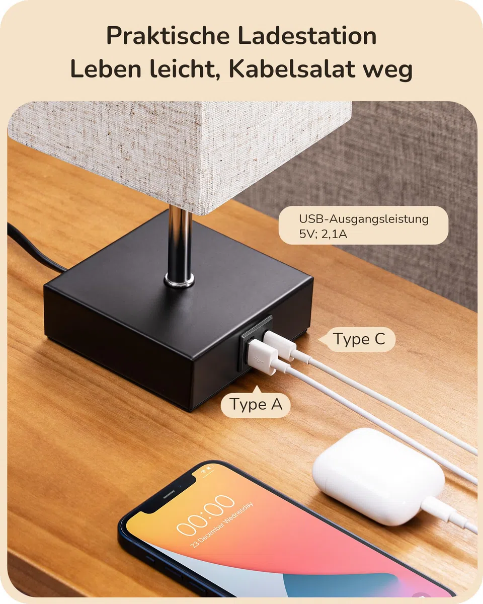 EDISHINE LED Nachttischlampe Touch Dimmbar 2er Set, Tischlampe Modern, Kleine Lampe, mit Ladefunktion, 2 USB Anschlüsse, für Schlafzimmer, Wohnzimmer, Fensterbank, Geschenk, Beige