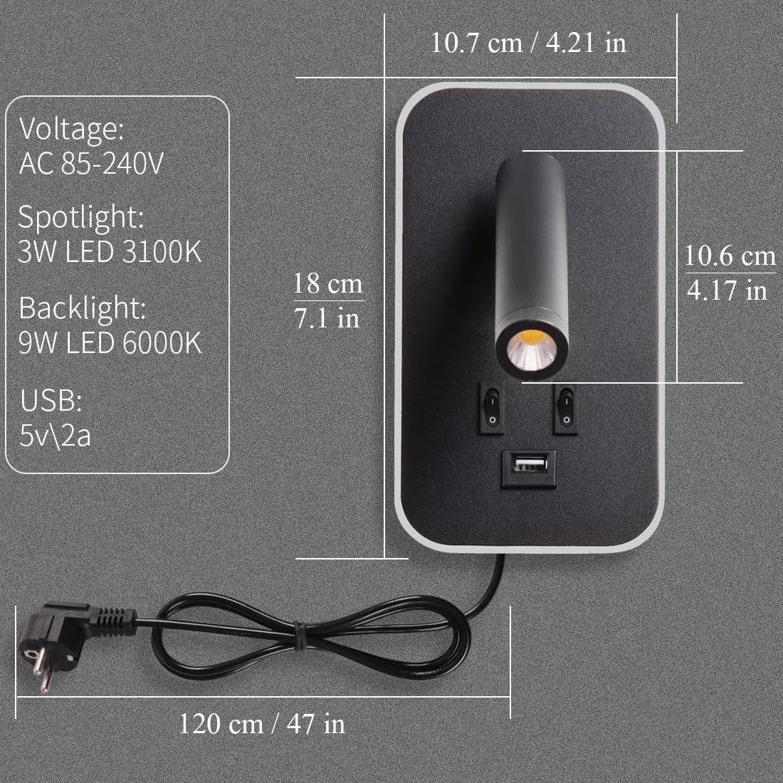 3W+9W LED leselampe wandlampe USB-Aufladung mit schalter wandleselampe Bettlampe innen Leselicht Schwenkbar Wandbeleuchtung Schlafzimmer Nachttischlampe 3100K, mit Stecker und Kabel, Schwarz