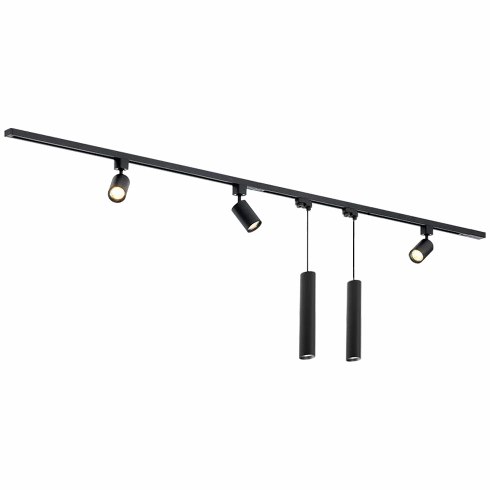 Qub Focus III 1-Phasen Led Schienensystem Komplettset - 300cm - Set 3 Spots und 2 Pendelleuchten - 3x 1m Licht Schienensystem - I-Form - GU10 & LED-Kompatibel - Erweiterbar & flexibel - Schwarz
