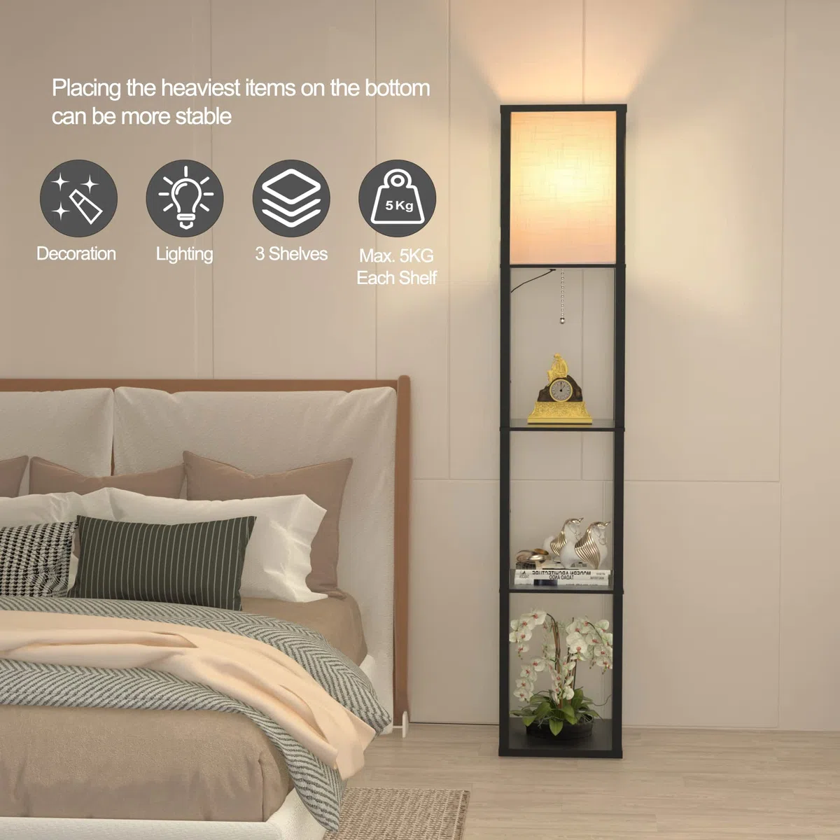 Omdekor Stehlampe mit Regal aus Holz, Stehlampe Wohnzimmer mit 3 Farbtemperatur, Stehleuchte 1.62M mit Lampenschirm, Moderne Schwarz Standleuchte mit 3 Holzregale für Whonzimmer Schlafzimmer Büro