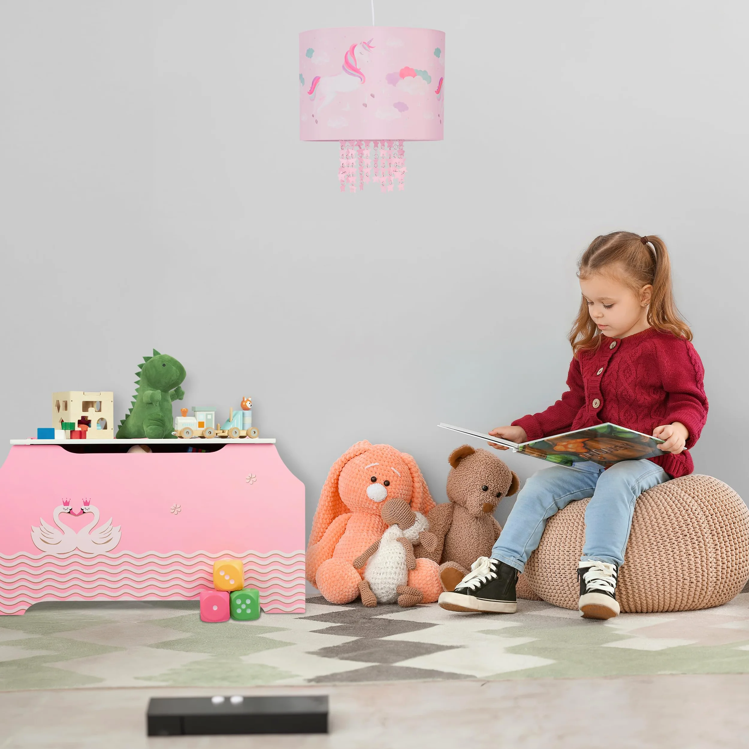 Relaxdays Hängelampe Kinderzimmer, Lampenschirm mit Einhorn-Motiv, HxD: 158 x 35 cm, E27, Pendelleuchte für Kinder, rosa