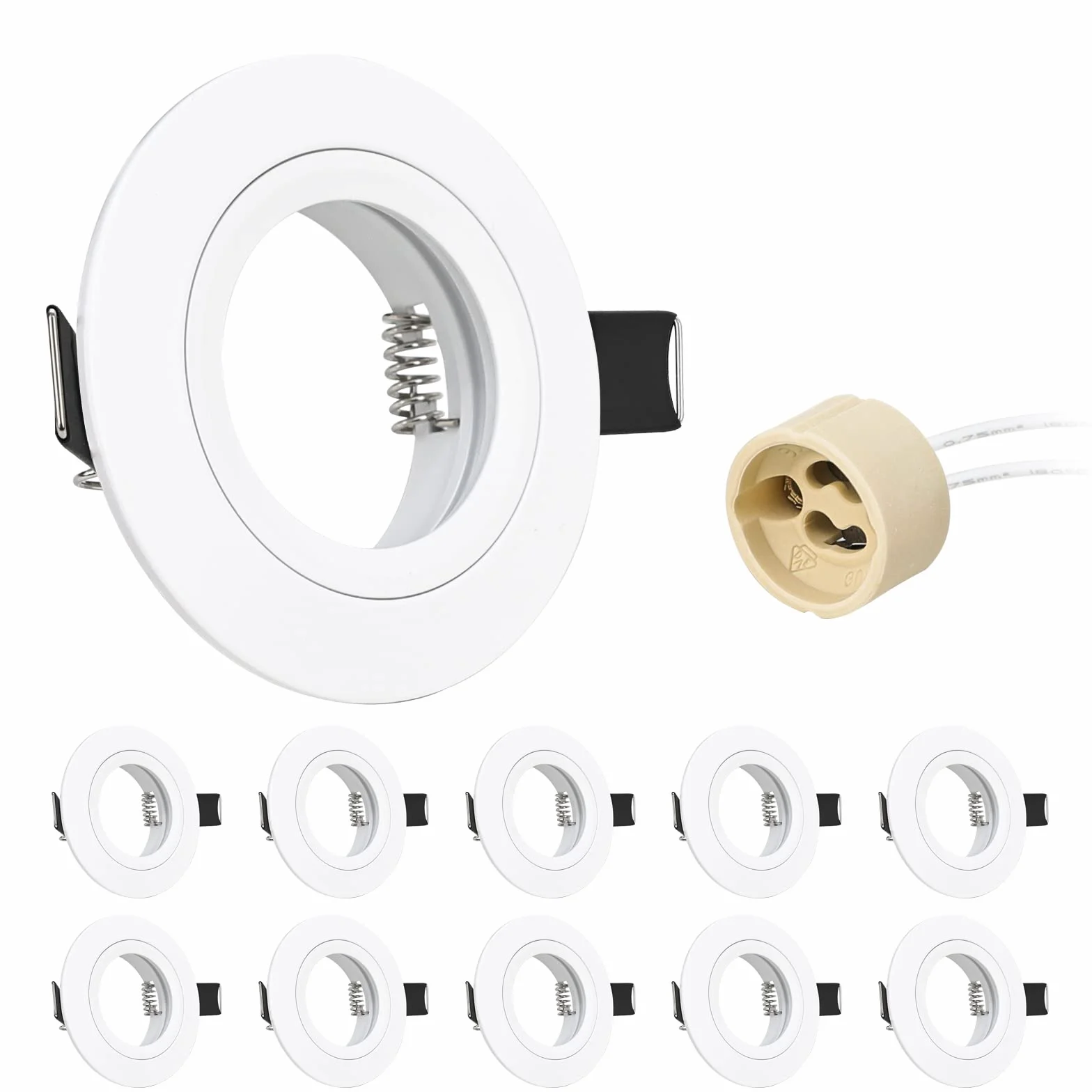 10er Einbaustrahler GU10 Set Aluminium weiß Matt 230V, inkl. GU10 Fassung, Einbaustrahler Rahmen Einbaurahmen Einbauspots für LED Halogen, Rund Decken Spot Einbauleuchten Lochdurchmesser 68mm
