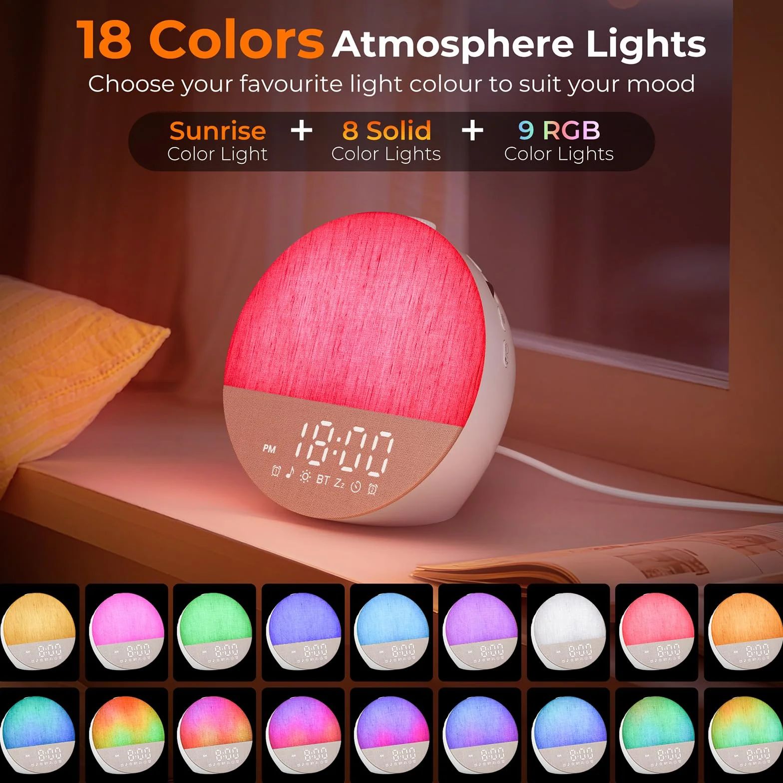 Tageslichtwecker Sonnenaufgang, Digital Wake Up Light, Lichtwecker Doppel Wecker, Bluetooth Lautsprecher, White Noise Machine mit 30 Beruhigende Klänge, 20 Helligkeit,18 Dimmbare Nachtlicht
