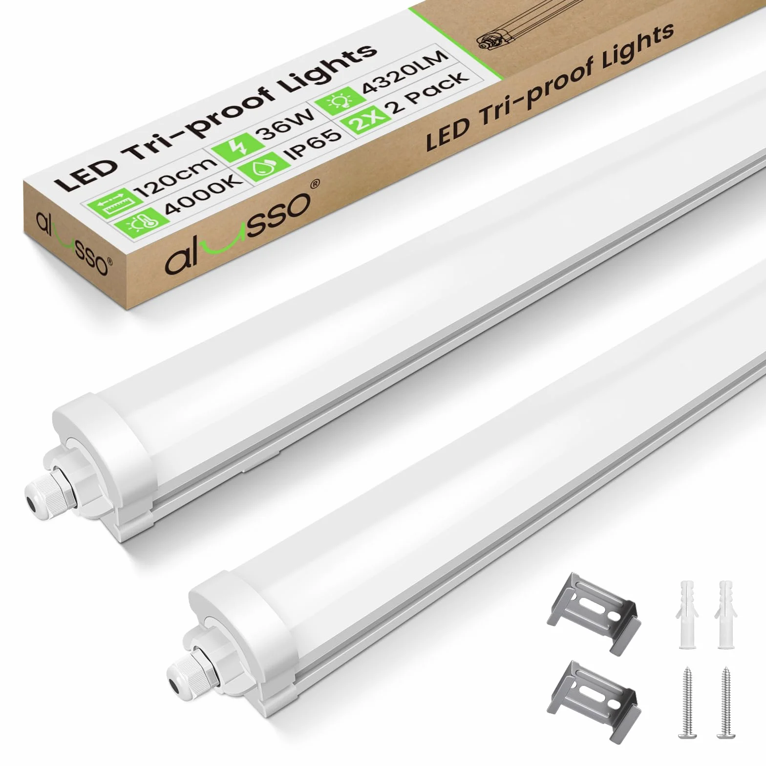 ALUSSO 2 Stück LED Feuchtraumleuchte 120CM, 36W 4320LM LED Röhre 4000K, IP65 Wasserfest Feuchtraumlampe Werkstatt Deckenleuchte für Garage,Keller,Werkstatt,Feuchtraum,Bad,Büro,Warenhaus