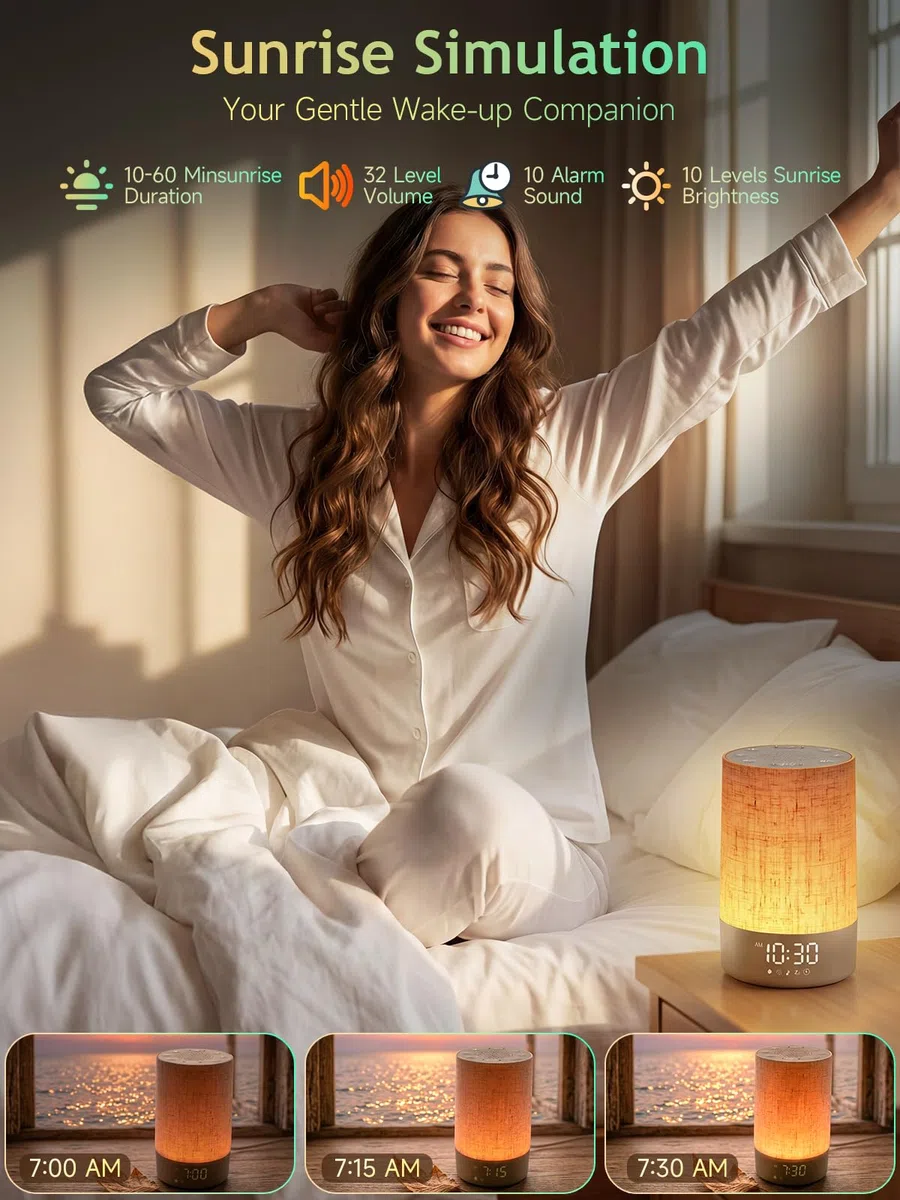 Tageslichtwecker mit 10 Licht Sonnenaufgang Wake Up Light, 30 Naturgeräuschen, Dimmbar Nachttischlampe, Sunrise Alarm Clock mit Ladefunktion Lichtwecker Einschlafshilfe,Dimmbares Nachtlicht,Timer