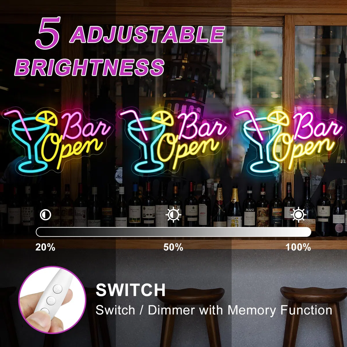 inShareplus Bar Open Neon Schild, Cocktail Leuchtreklame für Wand, Dimmbar Bar Schild mit USB-Betrieb, Open Schild für Bar, Hausbar, Club, Bistro, Party, Open Sign für Schaufenster Dekorationen