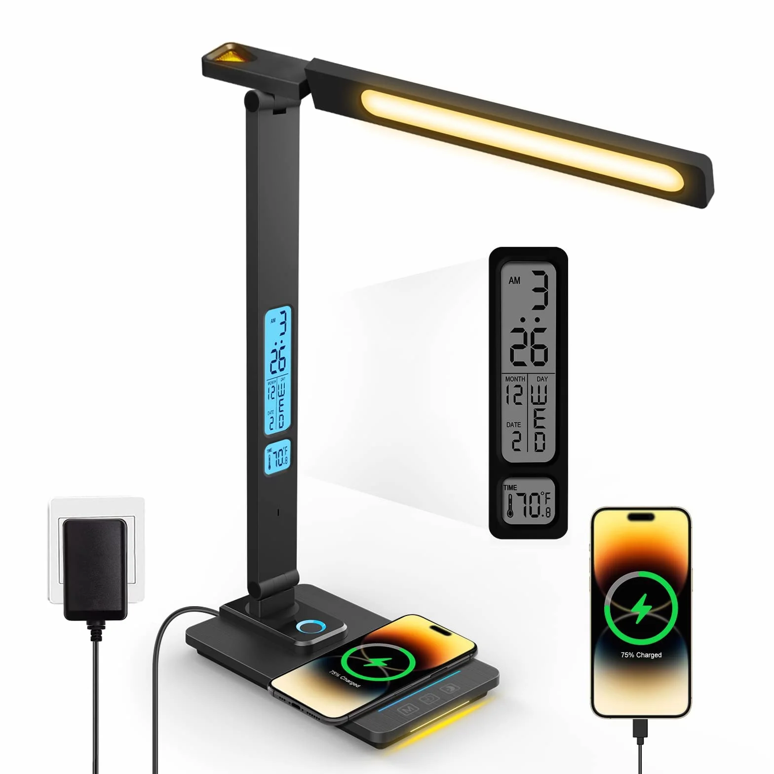 Schreibtischlampe LED Dimmbar mit Ladefunktion Uhr - Tischlampe Nachtlicht mit 10W Kabellosem Ladegerät, USB-Ladeanschluss Klappbare Schreibtisch Lampe, Touch 5-stufig Dimmbare Beleuchtung, 3 Modi