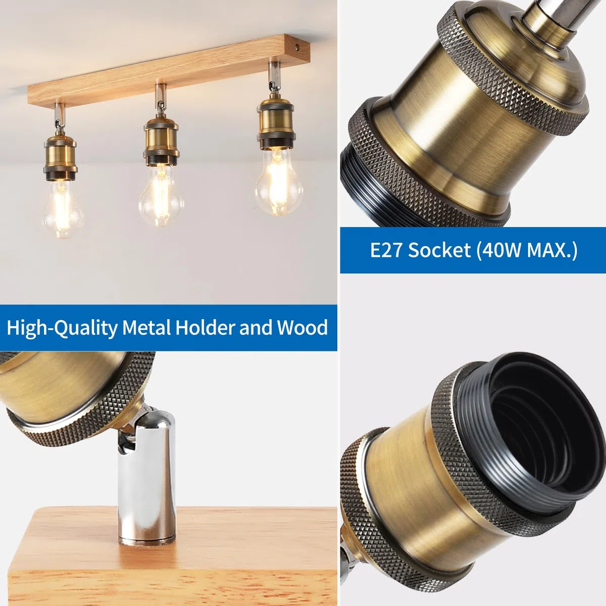 ANWIO Deckenstrahler 3 Flammig E27, Deckenleuchte 3 Spots Holz Deckenlampe E27, Vintage Industrial Deckenspots Spotbalken Deckenleuchte für Wohnzimmer Schlafzimmer Flur Küchen (ohne Leuchtmittel)