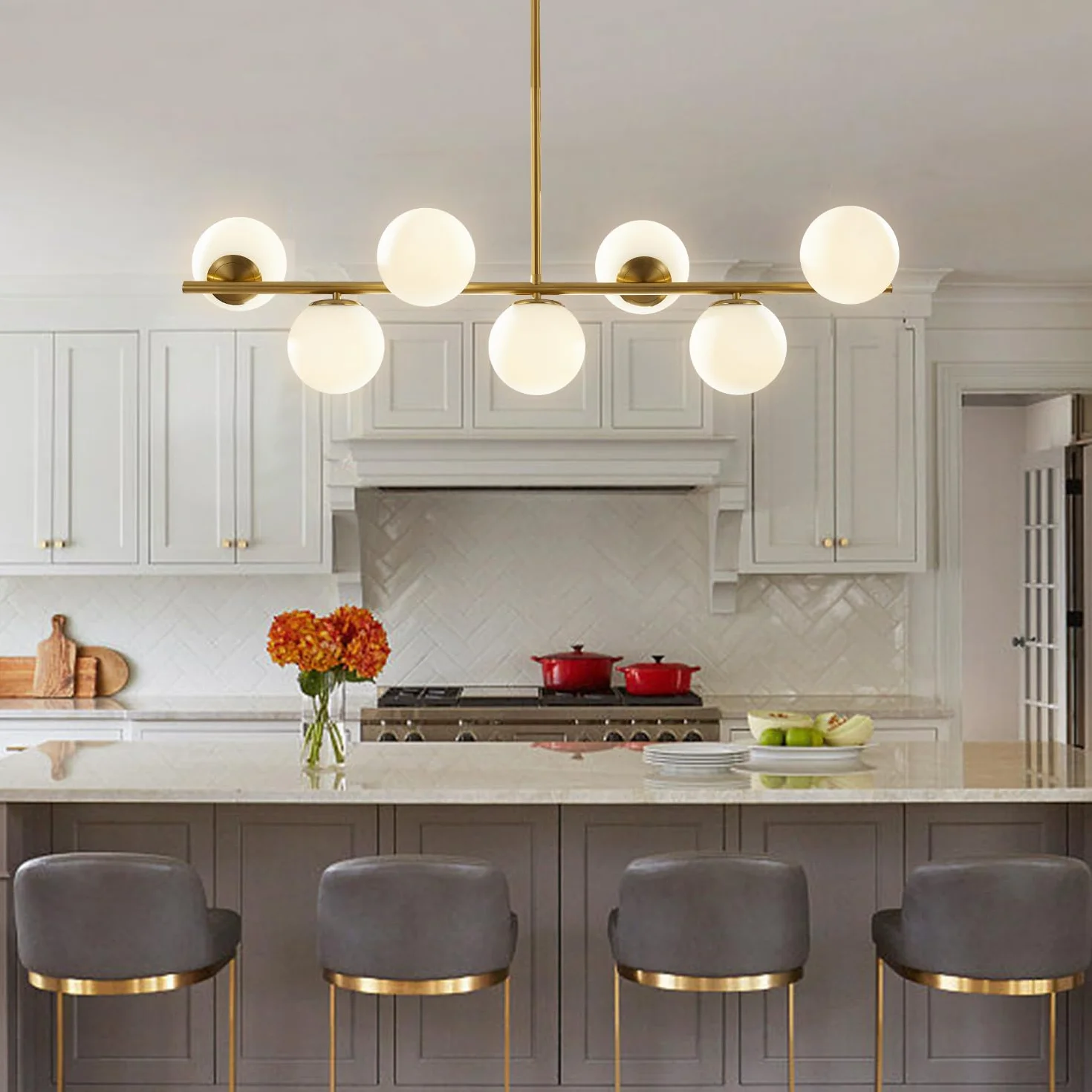 KCO Lighting Moderner 110CM Gold Kronleuchter Mit 7 Weiß Globe Sputnik Vintage Pendelleuchte - Milchkugel Glas Einstellbare Hängende Leuchte für Esszimmer, Wohnzimmer, Küche