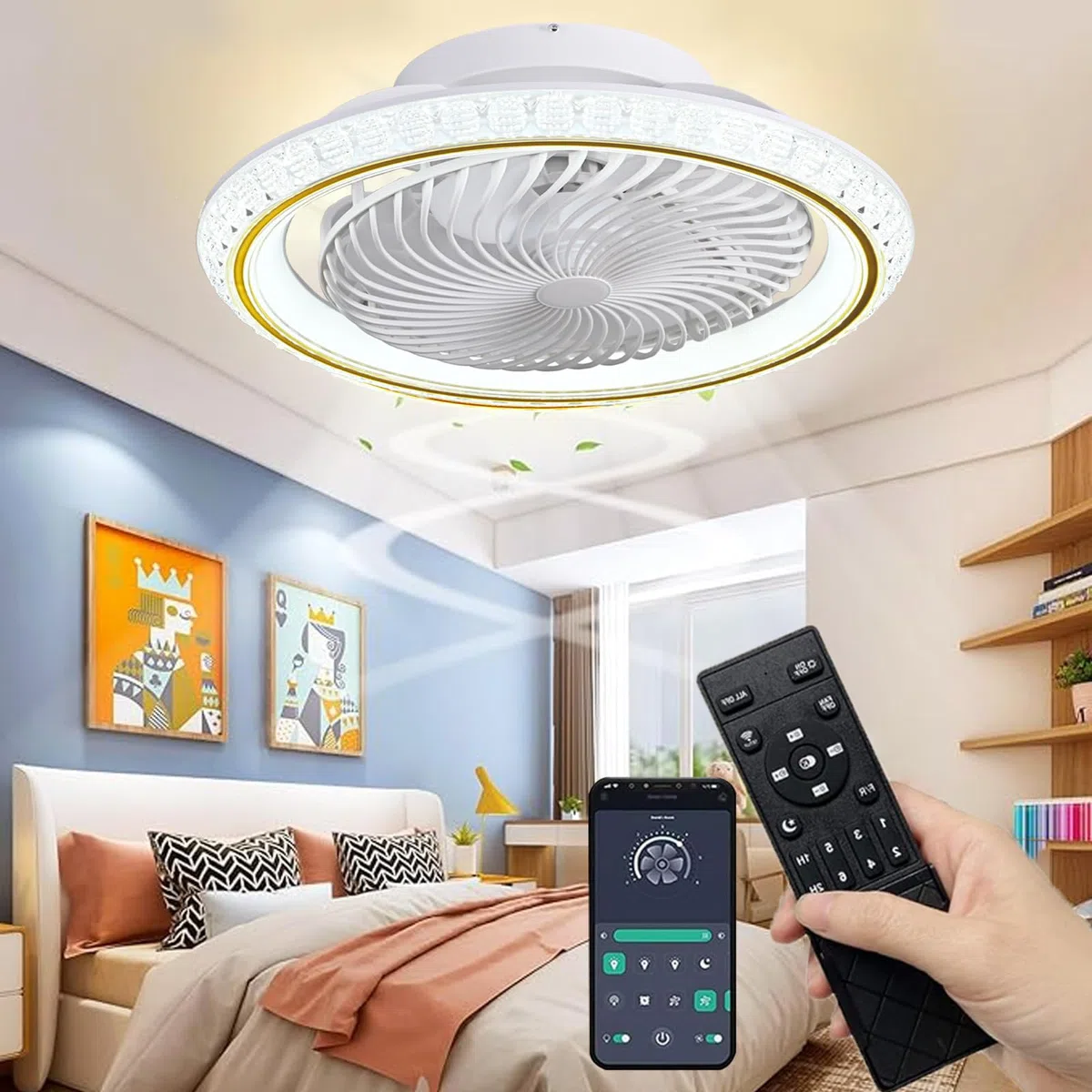 LED Deckenleuchte mit Ventilator, 72W Dimmbar Timer, Fernbedienung, 360° Drehung, Gold 49cm