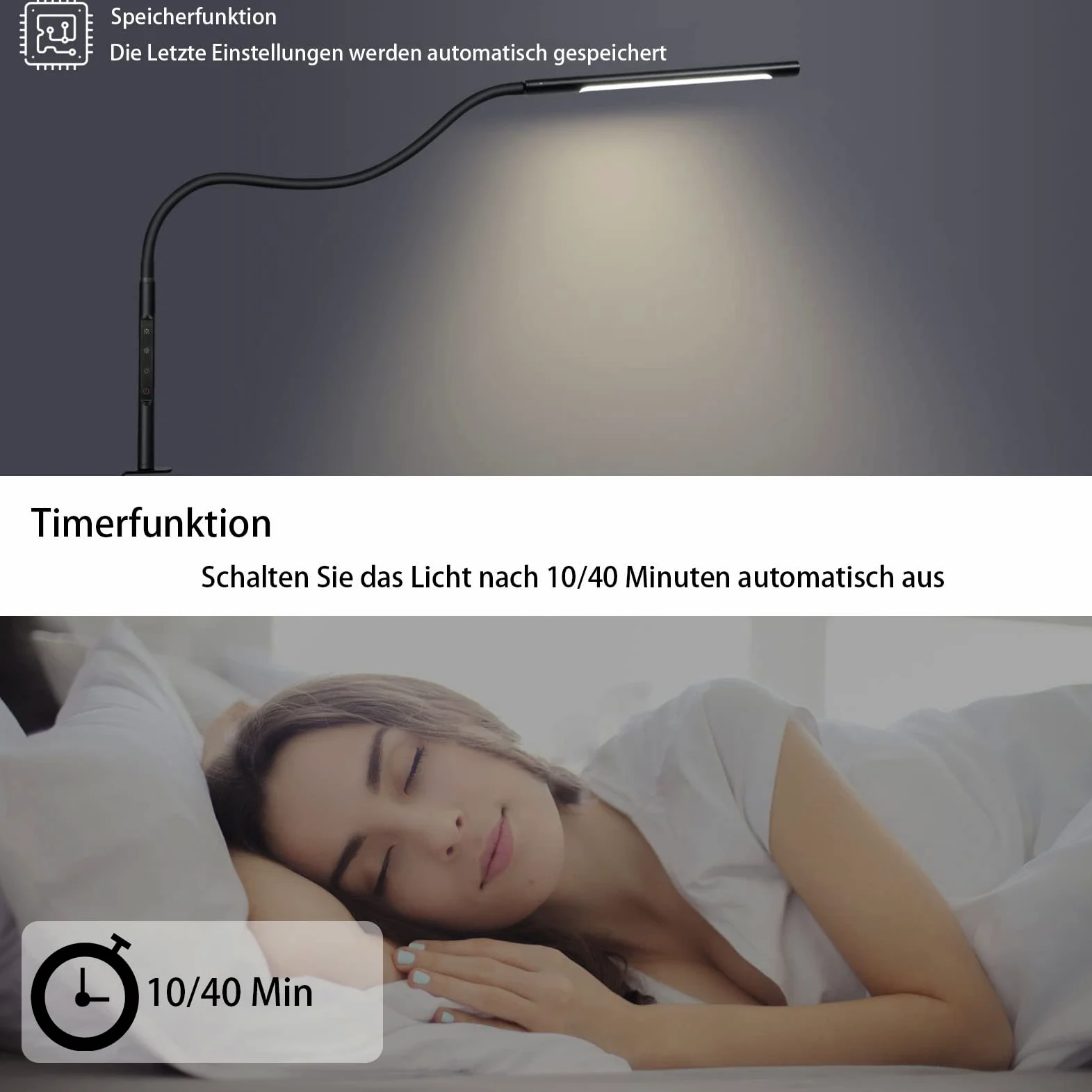 EYOCEAN LED Schreibtischlampe, Augenschutz Klemmleuchte, Klemmlampe Einstellbare Dimmen & Farbtemperaturen, Büro Tischlampe, Klemmlampe mit Speicherfunktion und Timerfunktion, 12W, Schwarz