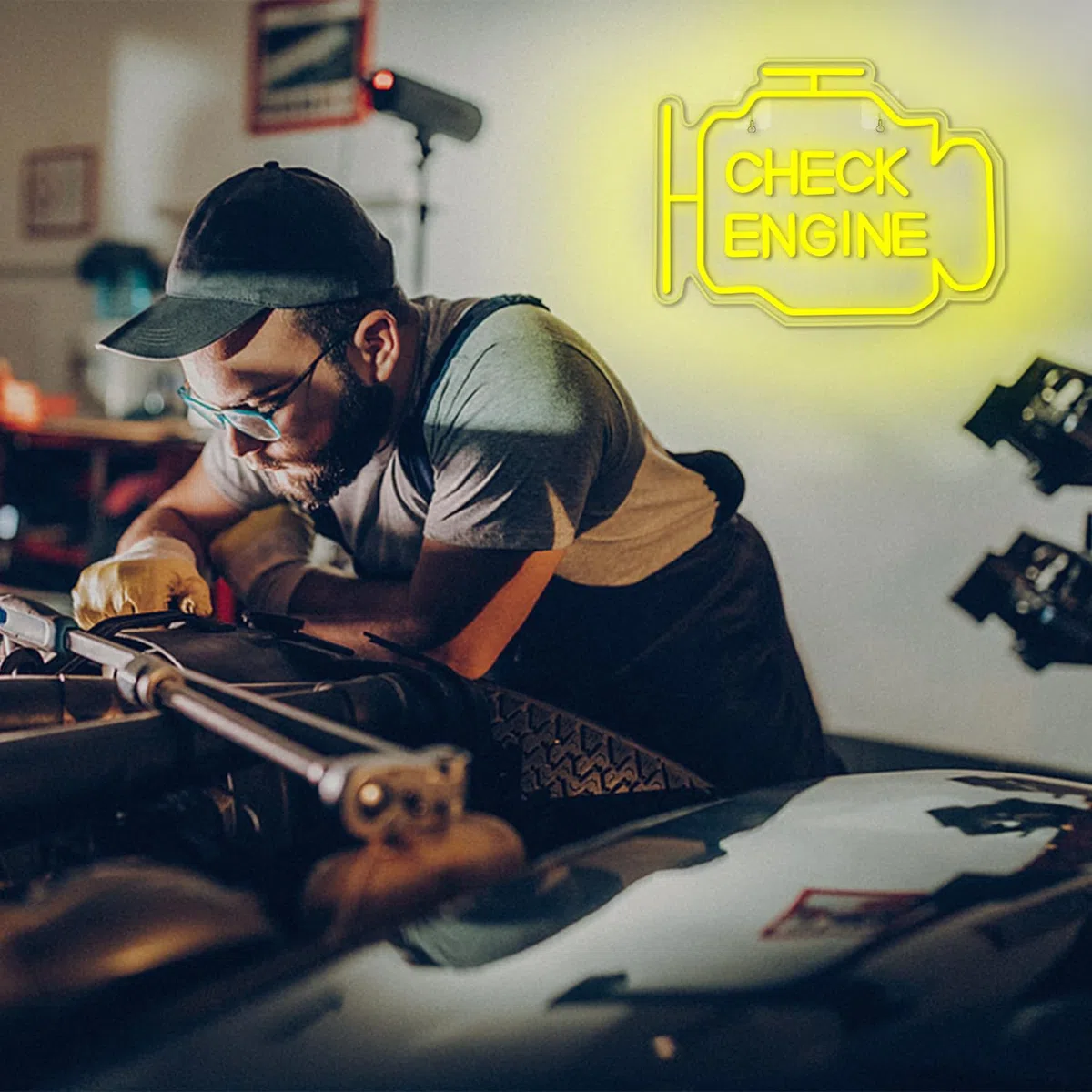 Horseneon Check Engine Neon Schild für Garage LED Schilder Leuchtschilder für Autowerkstatt USB-Dimmer Neon Sign gelbe Neon Light für Wanddekoration Auto Zimmer Männerhöhle Garage Werkstatt