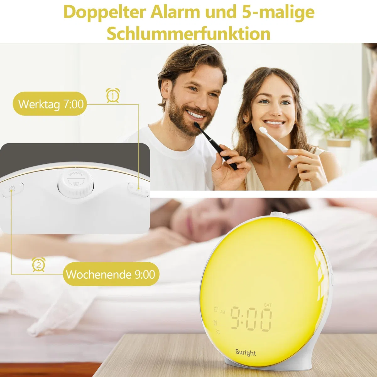 Suright Lichtwecker Tageslichtwecker, Wake Up Licht Wecker, Sonnenaufgang Sonnenuntergang Simulation Wecker Radio 15 Naturgeräusche 2 Alarmen Snooze 18 Farblicht 20 Helligkeit Nachttischlampe