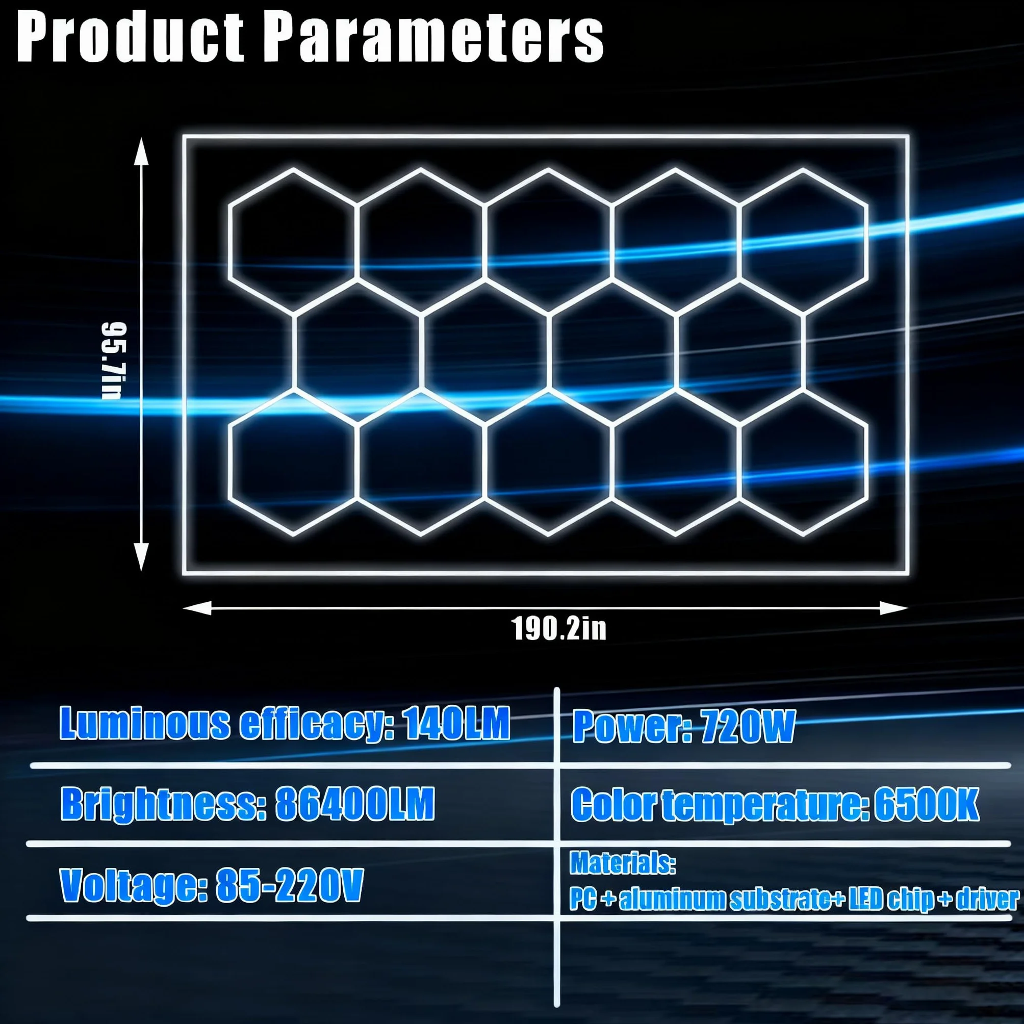 Hexagon LED Garage 14-tlg 720W 86400lm 6500K IP54 Werkstatt Beleuchtung
