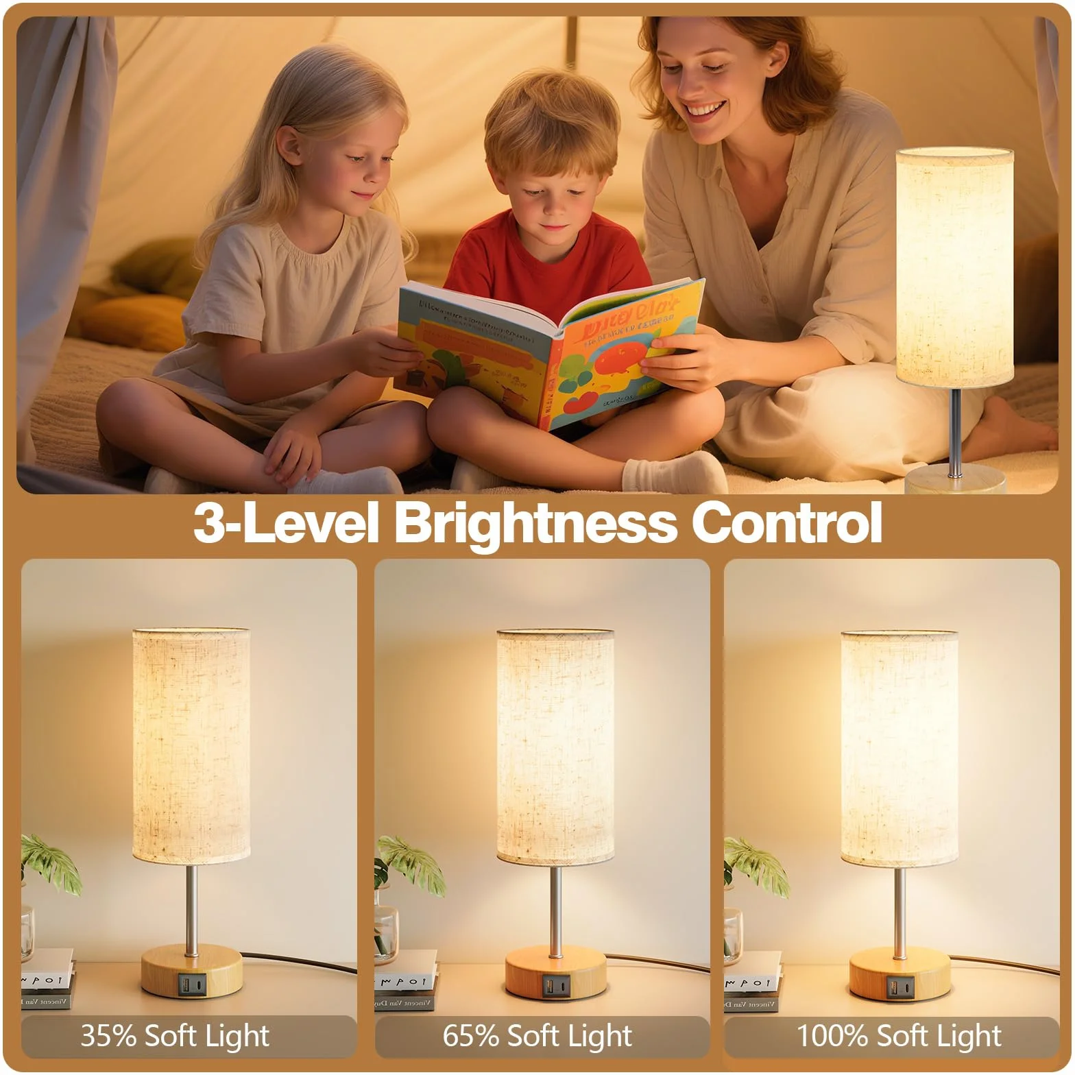 Nachttischlampe 2er Set, Tischlampe mit USB-A und USB-C Ladefunktion, Schreibtischlampe, Leselampe, Dekolampe, Touchdimmbar, 3 Stufen Warmlicht, Leinen-Lampenschirm, 1,5m Kabel(E27-Lampe inkl)
