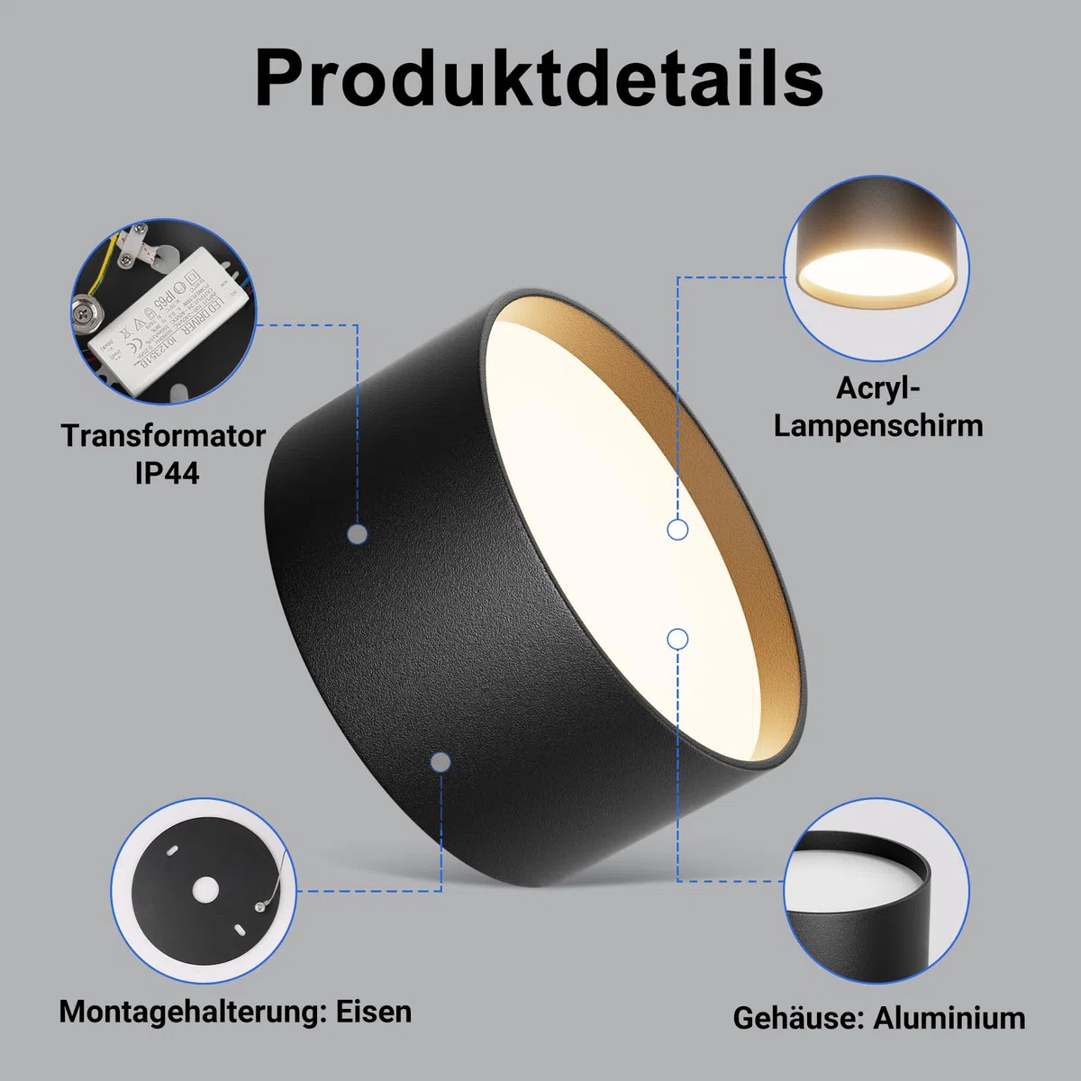 Klighten LED 18W Aufbauspot Runde Deckenspots Aufputz Deckenleuchte, Schwarz Aufbaustrahler, Deckenstrahler Flach Aluminium+Acryl, Aufbauleuchte Warmweiß 3000K, Aufputzleuchte IP44, 1029LM, 60x120mm