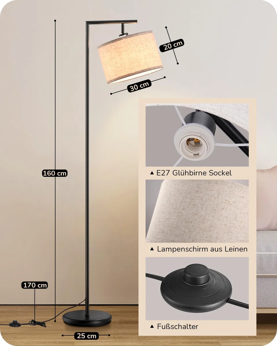 EDISHINE Stehlampe Wohnzimmer 160cm, Bogenlampe Modern mit Beigen Verstellem Leinen-Lampenschirm, LED E27 Glühbirne inklusive, Schwarz Leselampe Stehleuchte für Schlafzimmer, Kinderzimmer