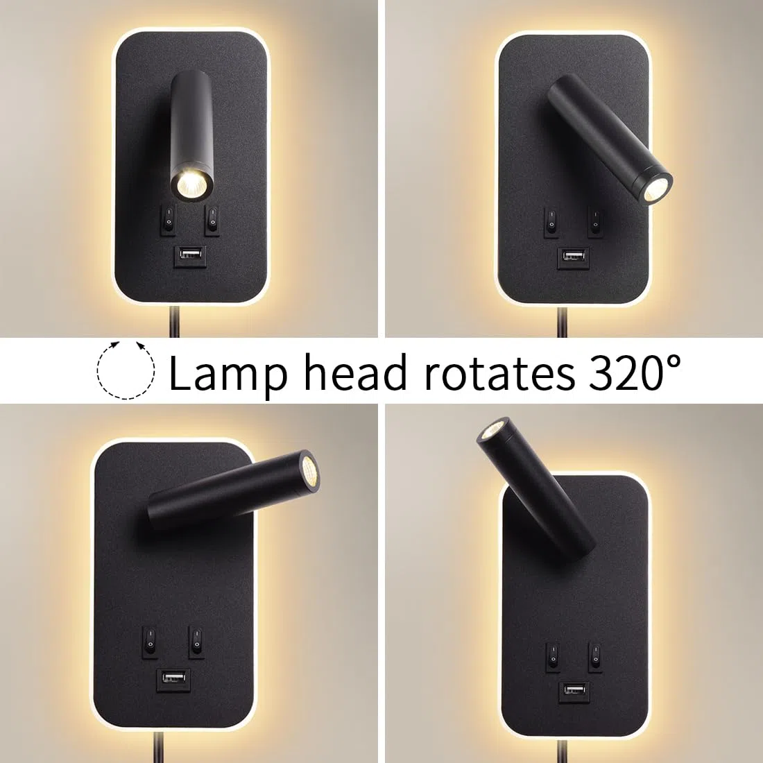 3W+9W LED leselampe wandlampe USB-Aufladung mit schalter wandleselampe Bettlampe innen Leselicht Schwenkbar Wandbeleuchtung Schlafzimmer Nachttischlampe 3100K, mit Stecker und Kabel, Schwarz