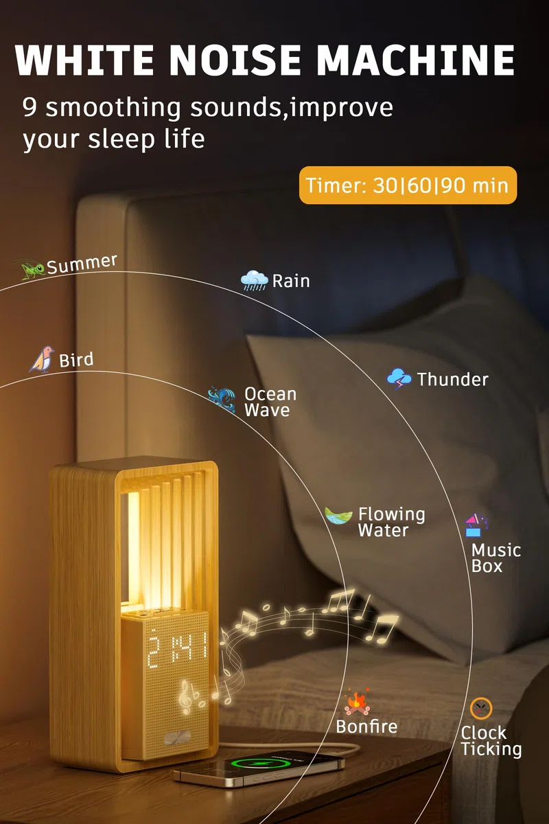 Nachttischlampe mit USB-Ladeanschluss & Uhr, Dual-Alarm mit Aufwachlicht & Schlummerfunktion - 9 Schlafgeräusche Nachtlicht, Timer & Dimmbares Display Nachttischleuchten für Schlafzimmer, Deko