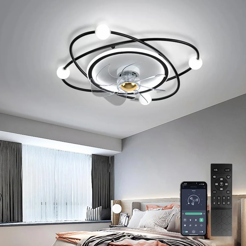 Moderner Deckenventilator mit Beleuchtung 55cm Dimmbare LED-Deckenlampe 48W Timer für Wohnzimmer Esszimmer Schwarz