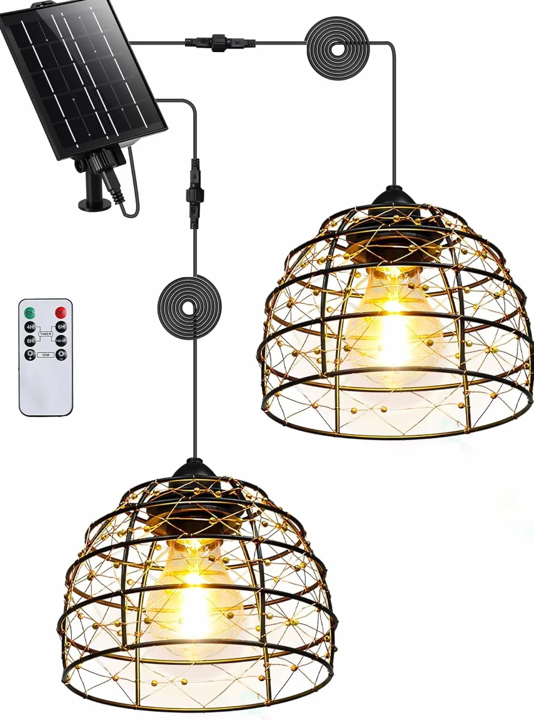 Solar Hängeleuchte für Außen Innen, 1 Solarpanel versorgt 2 Boho Solarlampen mit Fernbedienung Helligkeit einstellbar, Timer IP65 wasserdicht für Garten Terrasse Pavillon Garage Balkon