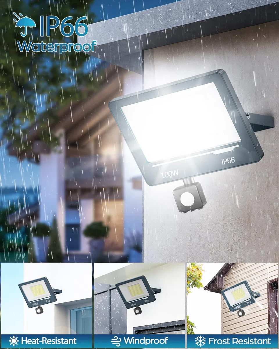 LED Strahler mit Bewegungsmelder Außen 100W, LED Scheinwerfer mit Bewegungsmelder 10000LM Super Hell, 6500K Kaltweiß, IP66 Wasserdicht, Sicherheitsbeleuchtung für Garten/Hof 1 Stücke