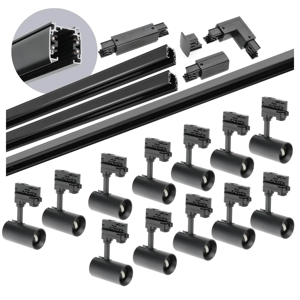 NEXTRACK 3-Phasen-Schienenset Komplett-Set mit GU10 Lampe, 2x1m+2m Schiene, Verbinder I&L, Schwarz