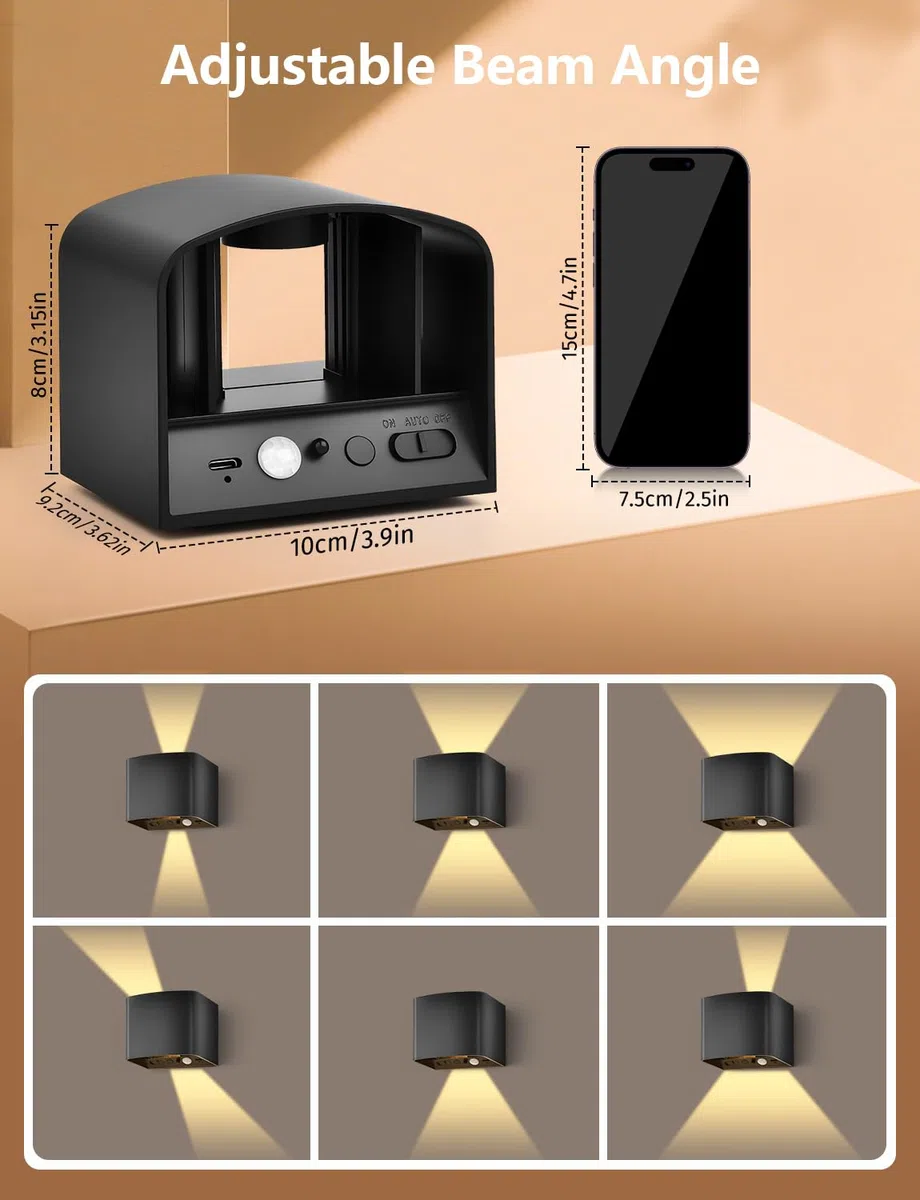 GeyouLux 6000mAh Akku Wandleuchte Innen mit Bewegungsmelder, Wandlampe mit Fernbedienung Einstellbar Abstrahlwinkel, 3 Modi 2700K-6500K Dimmbar Timer LED Aufladbare Wandleuchte für Treppe Flur 2 Stück