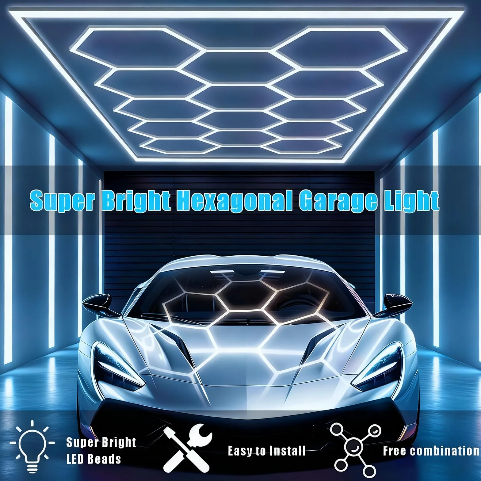 Hexagon LED Garage 14-tlg 720W 86400lm 6500K IP54 Werkstatt Beleuchtung