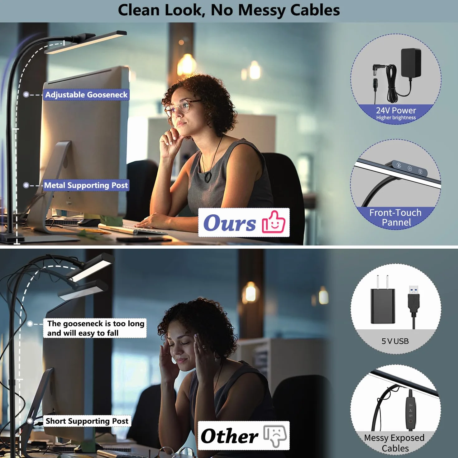 KableRika LED Schreibtischlampe Dimmbar, Flimmerfreie Augenschonende Tageslichtlampe, 4 Farbtemperaturen + 4 Helligkeitsstufen, Flexibler Schwanenhals, für Homeoffice, Lesen & Monitor, Schwarz