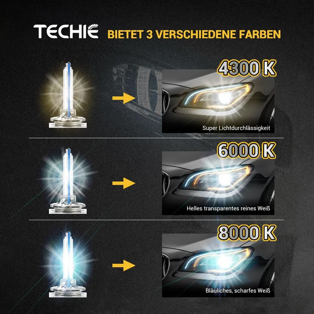 Techie D3S Xenon Brenner 8000k, 12V 35W Xenon Auto Scheinwerferlampe, Kaltblau Aluminium Fahrzeugscheinwerferbirne, HID Entladungs Lampe Ersatz Kit– 2 Stück (D3S-8000K)