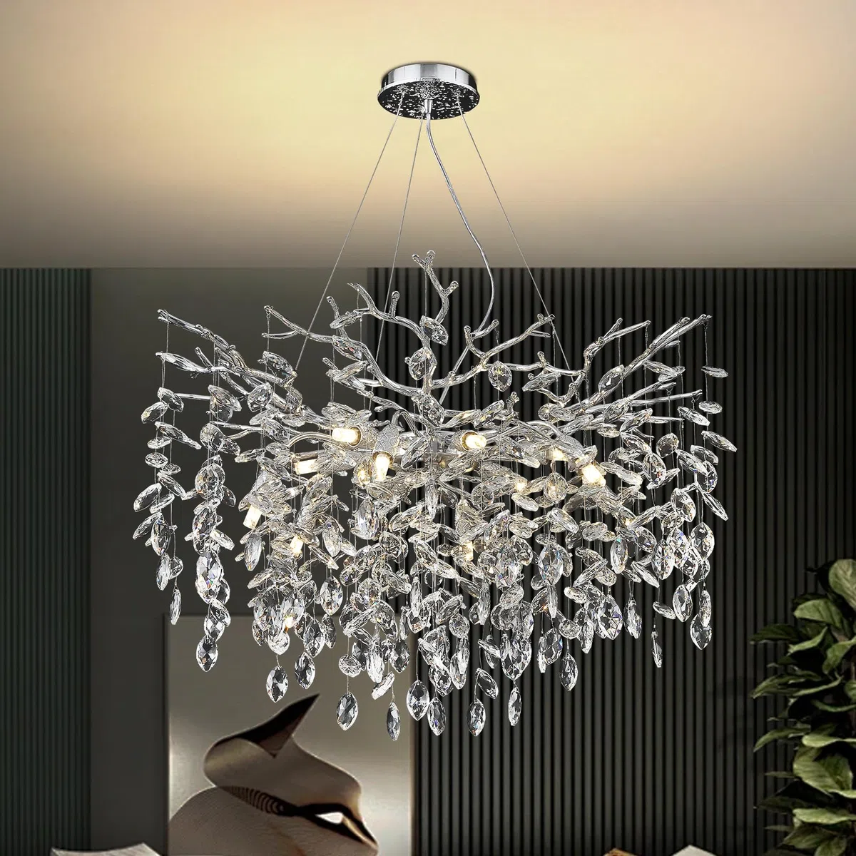 AHXIAOZN Luxury Tree Branch Kronleuchter, Modern Kronleuchter Kristall Leuchte, Große Luxus Kristall Pendelleuchte, Raindrop Leuchte, für Esszimmer, Wohnzimmer (Silber 80cm)