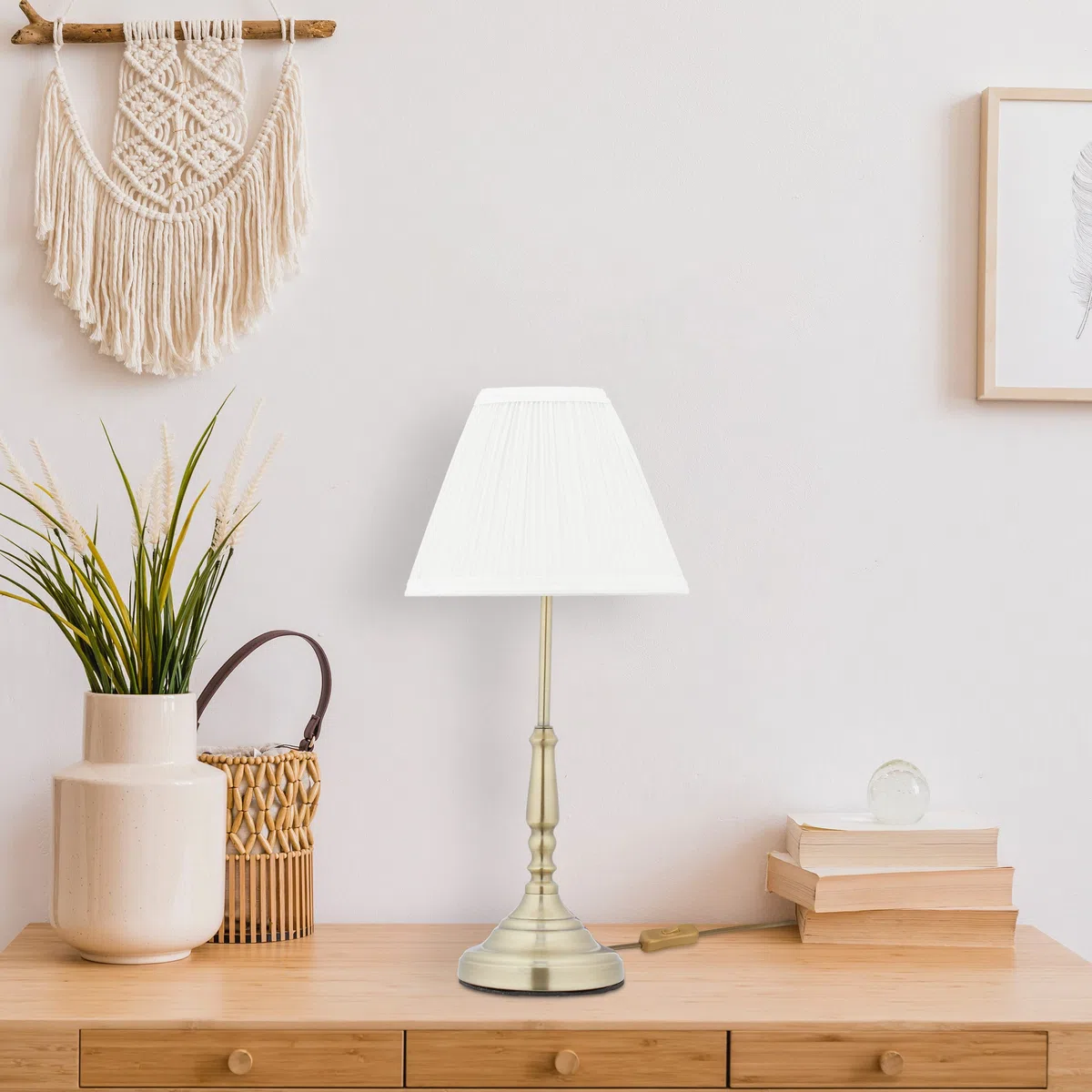 Relaxdays Tischlampe Nachttischlampe, weiß/gold | Stoffschirm