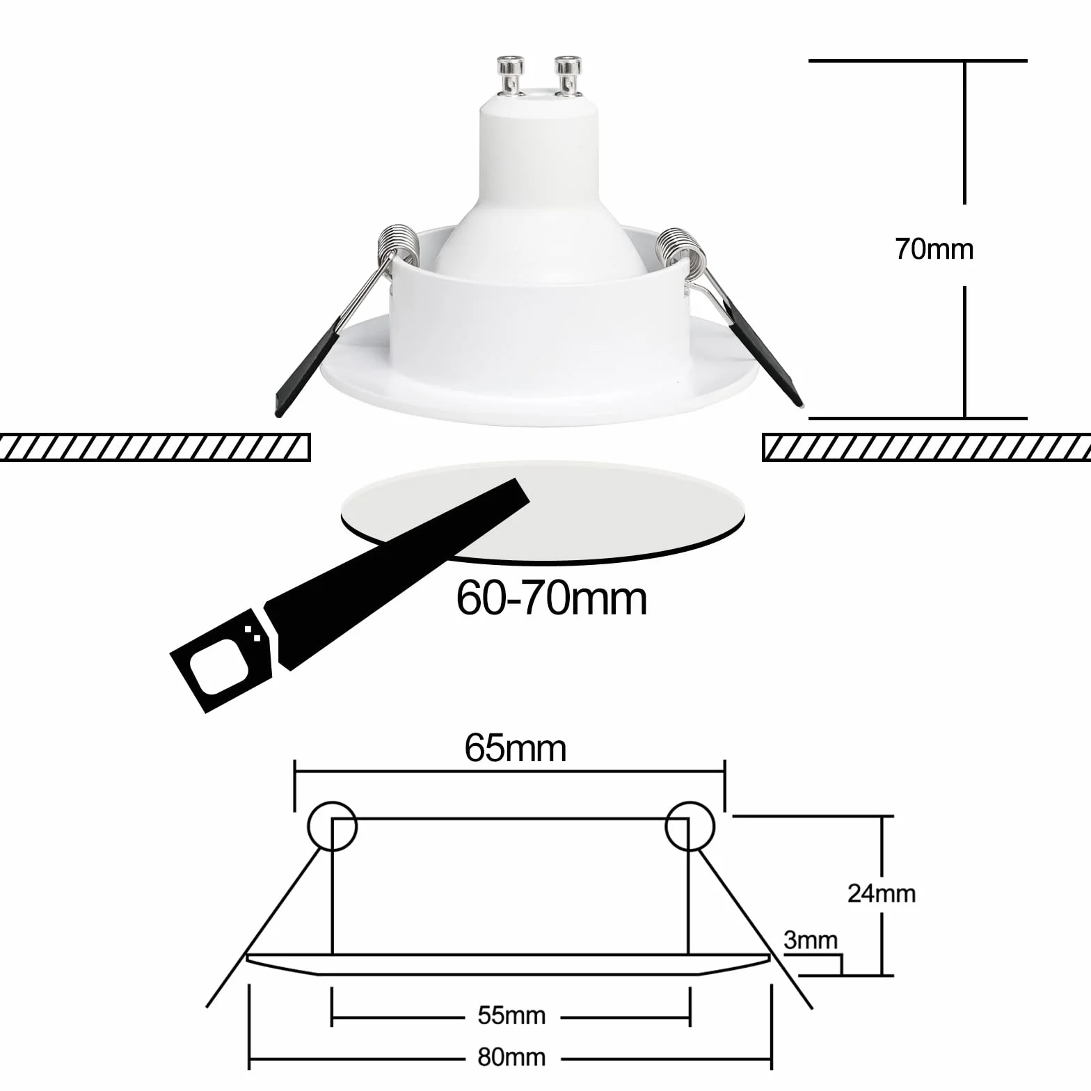 10er Einbaustrahler GU10 Set Aluminium weiß Matt 230V, inkl. GU10 Fassung, Einbaustrahler Rahmen Einbaurahmen Einbauspots für LED Halogen, Rund Decken Spot Einbauleuchten Lochdurchmesser 68mm