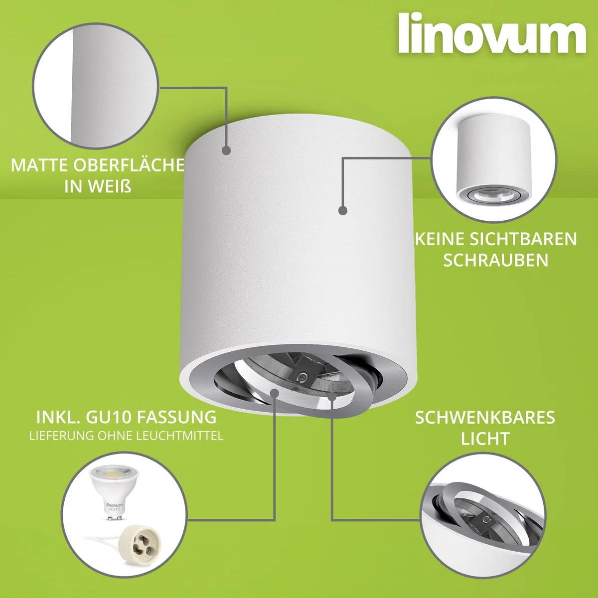 linovum 4 Stück CORI schwenkbare Aufbaustrahler weiß & silber im Set - runder Deckenstrahler geeignet für GU10 & LED Module