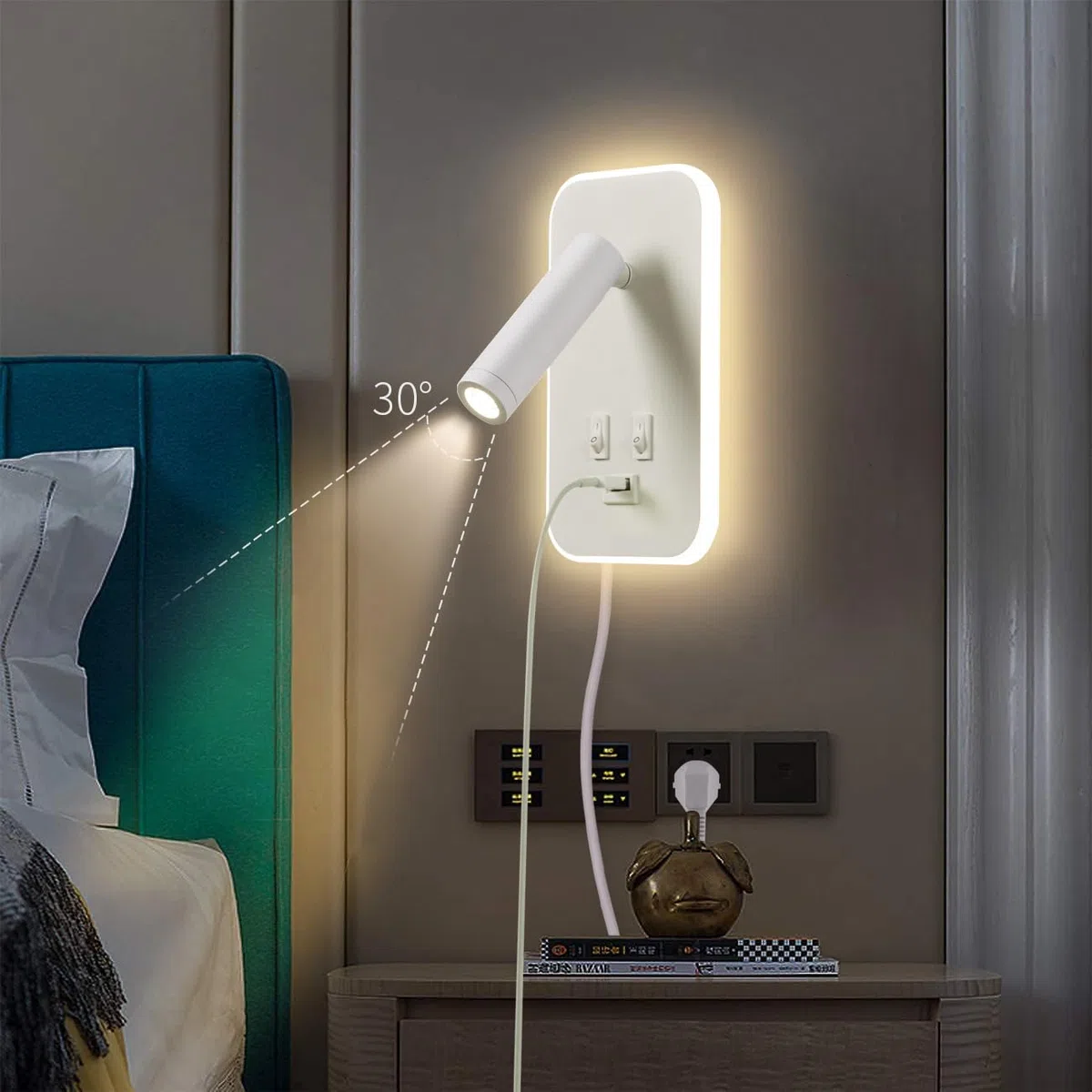 LED leselampe wandlampe USB-Aufladung mit schalter verstellbarer wandleselampe Bettlampe Wandleuchte innen Leselicht Schwenkbar Schlafzimmer 3W 3100K +9W 6000Kmit Stecker und Kabel, Weiß