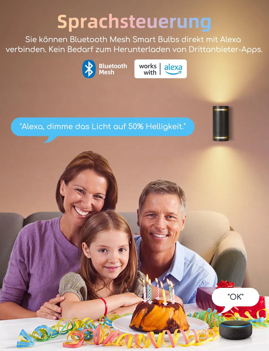Aigostar Mesh - 6.5W GU10 Alexa Glühbirne Bluetooth Mesh, Smarte Glühbirne Funktioniert mit Alexa, GU10 LED Smart Bulb 555LM CCT(2700K-6500K), 6 Stücke (mit Bluetooth-Fernbedienung und Gateway)