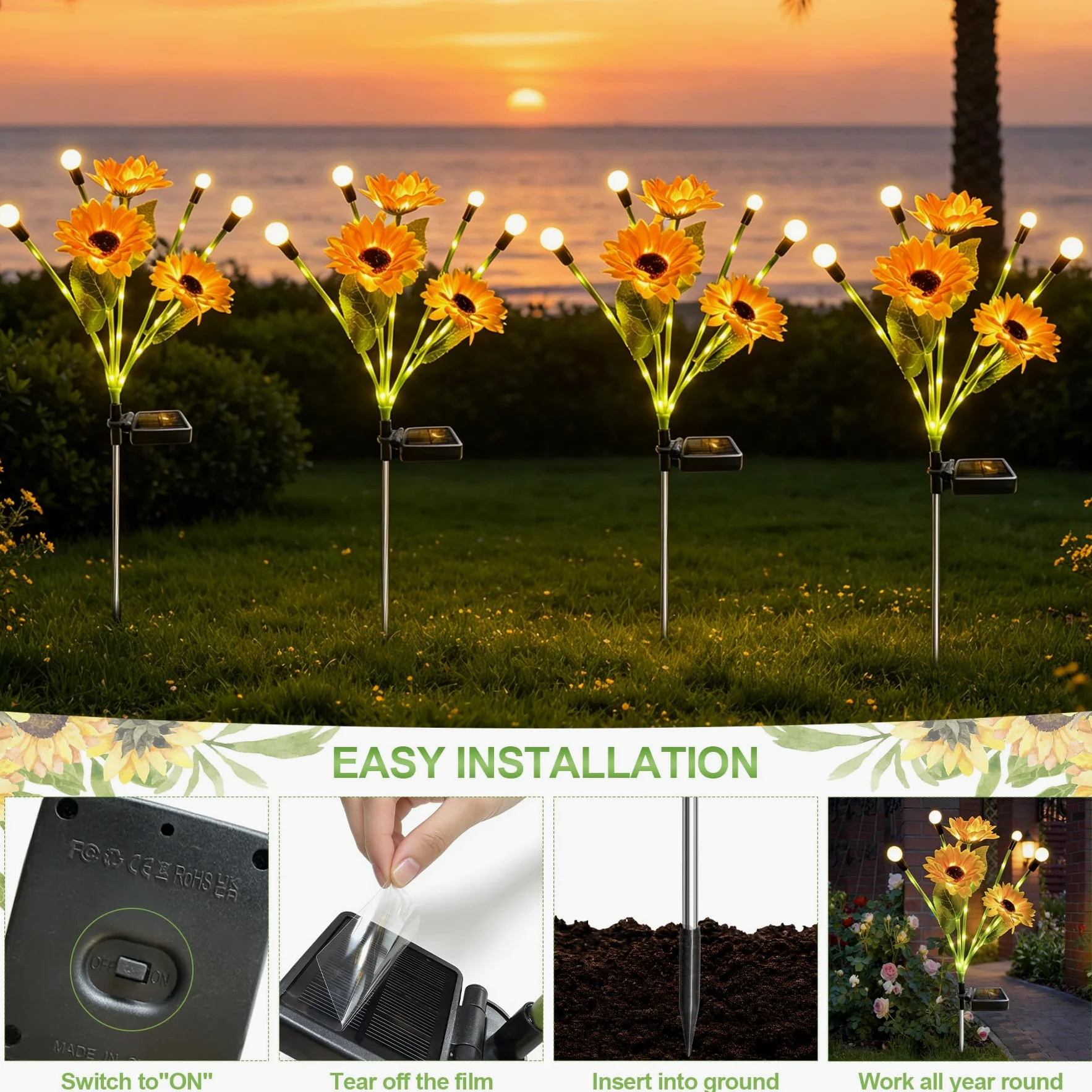 VEEKAY 4 Stück Solar Sonnenblume Lichter,Solarlampen für Außen Garten Warmweißes Licht,IP65 Wasserdicht Swinging Solarleuchten für Garten Dekoration Hof, Terrasse,Gehweg-Dekoration
